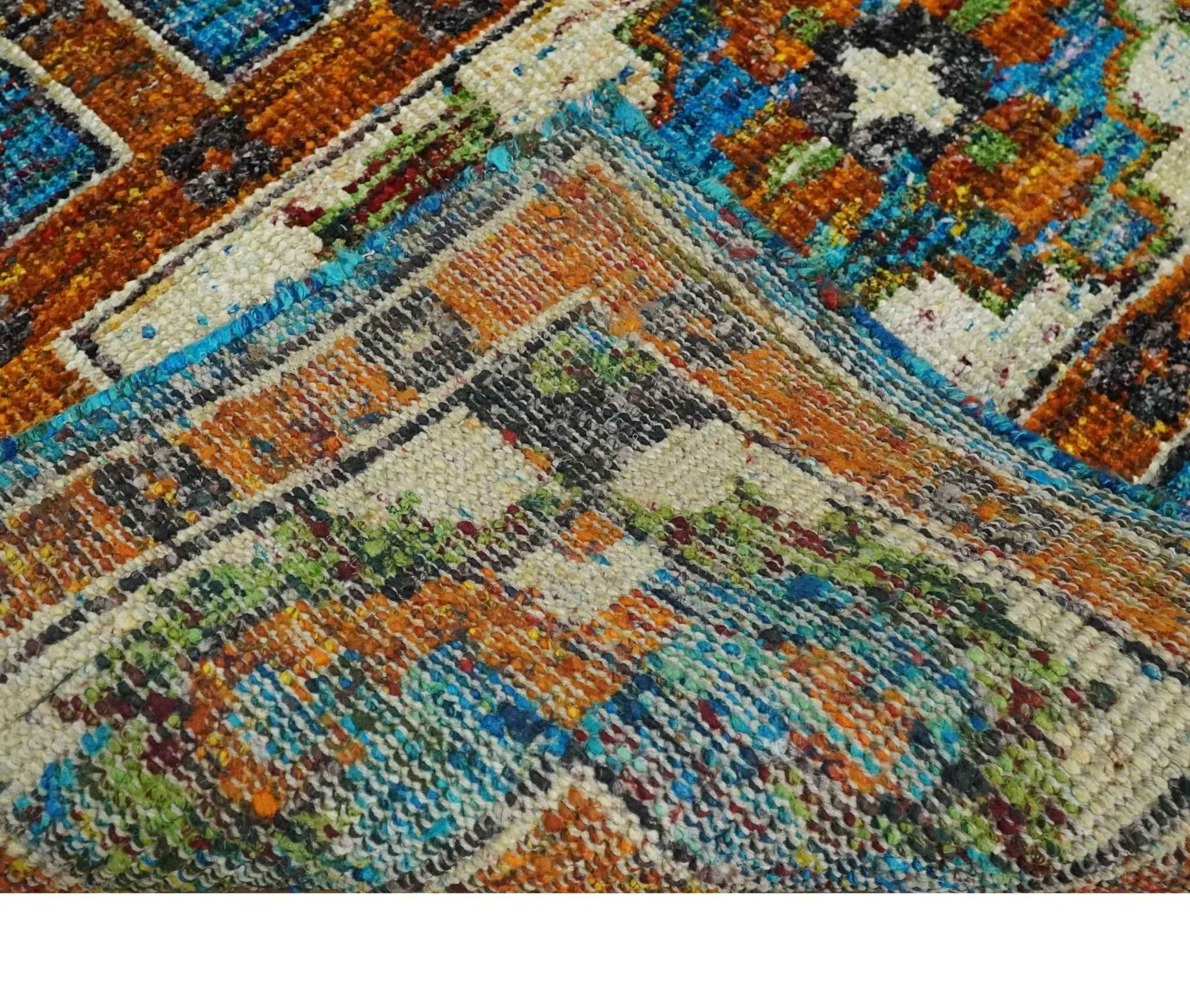5x8 Hand Knotted Blue, Ivory and Gold Modern Persian made of Recycled Silk Area Rug | OP81 - Image 7
