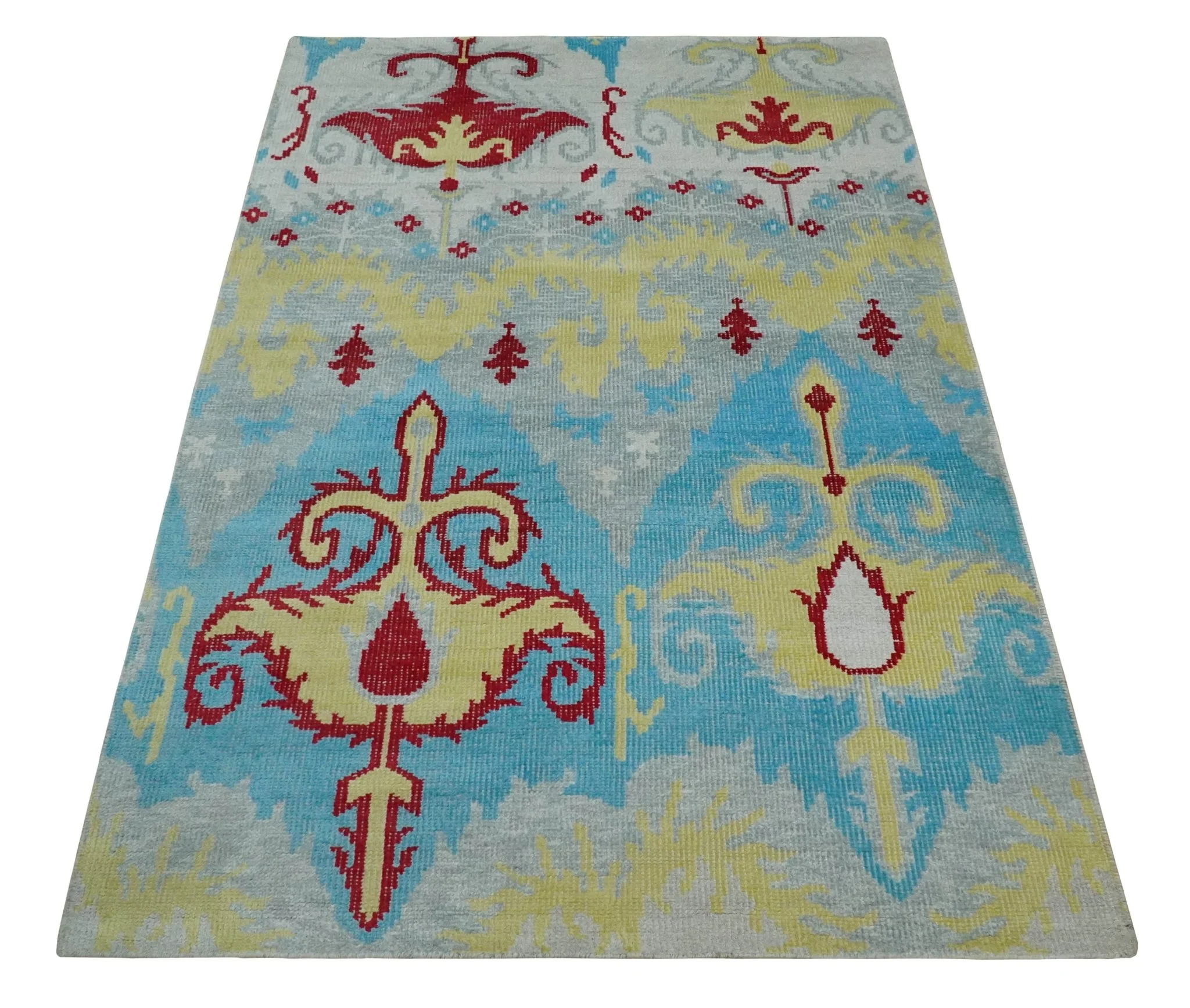 5x8 Hand Knotted Blue, Silver and Red Antique Persian Style Contemporary Recycled Silk Area Rug | OP86 - Image 3