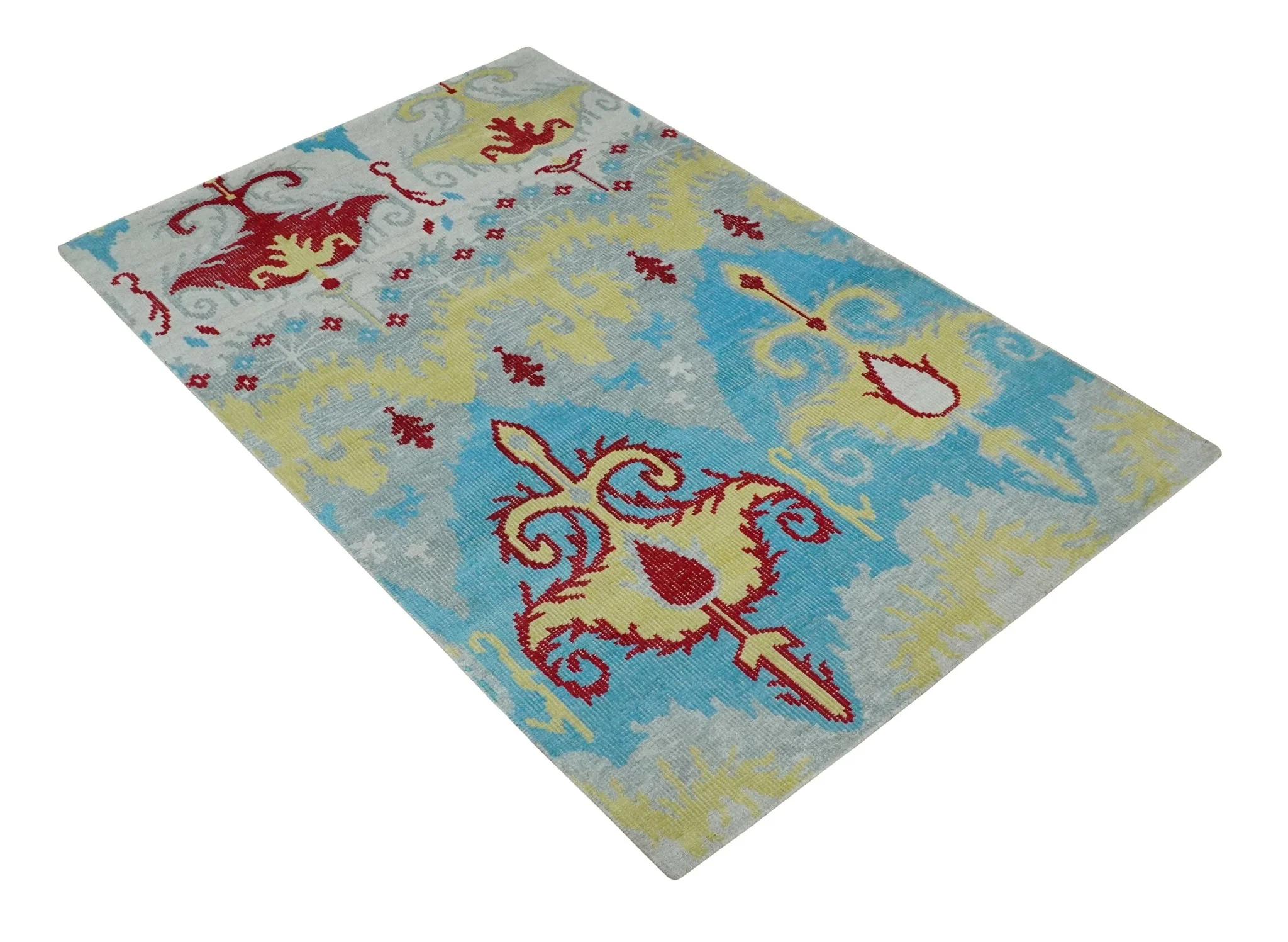 5x8 Hand Knotted Blue, Silver and Red Antique Persian Style Contemporary Recycled Silk Area Rug | OP86 - Image 4