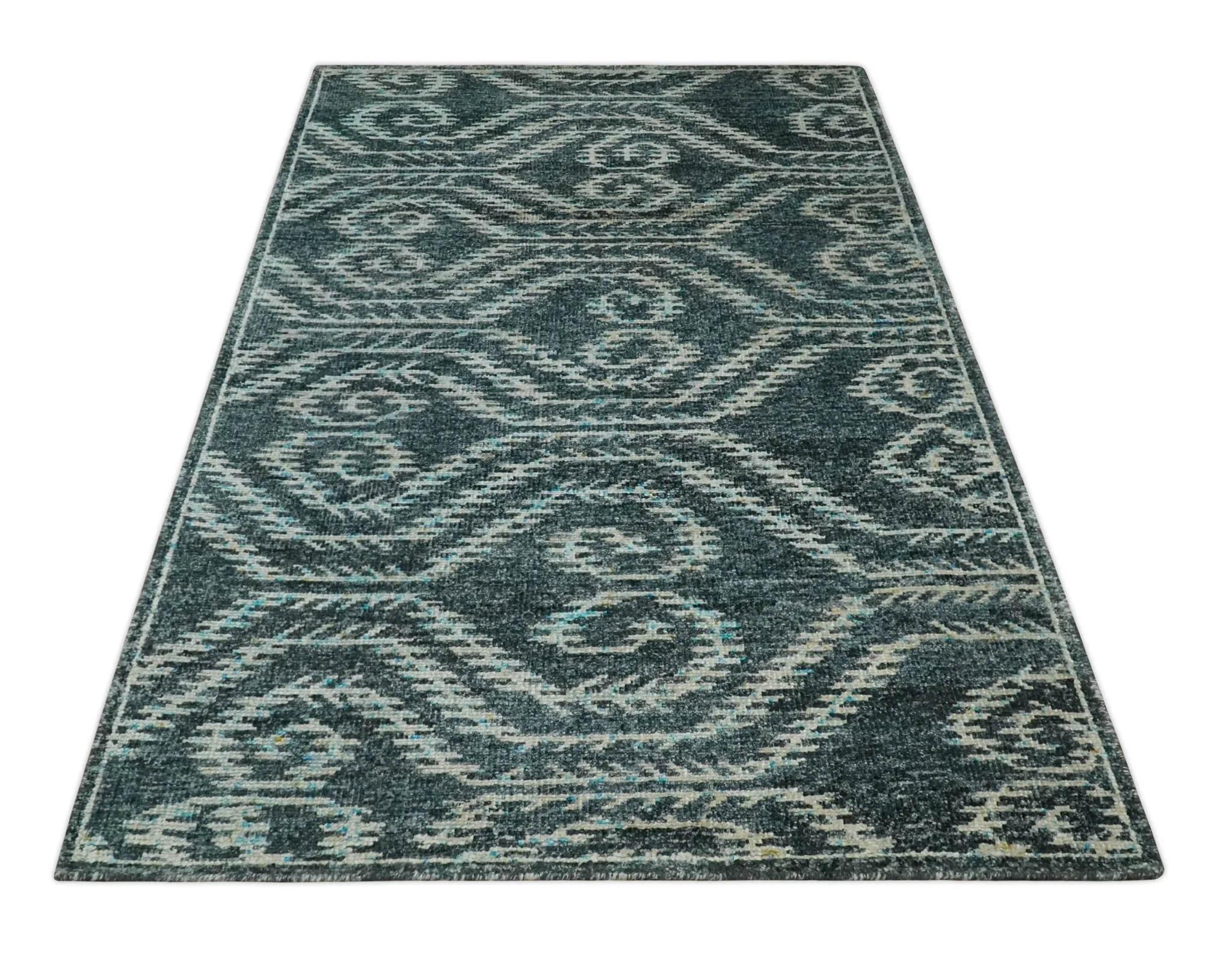 5x8 Hand Knotted Dark Gray and Ivory Modern Contemporary Southwestern Tribal Trellis Recycled Silk Area Rug | OP115 - Image 11