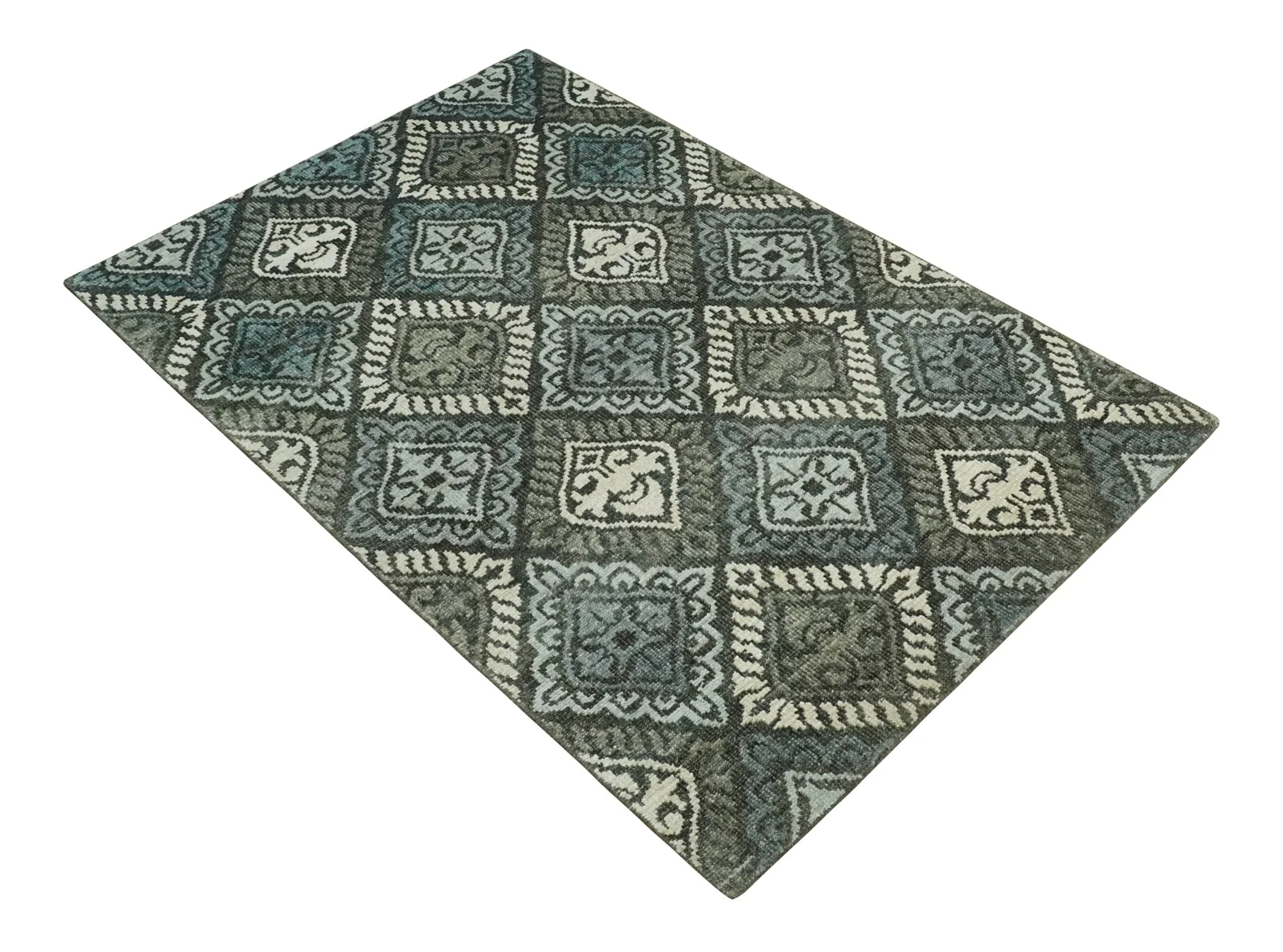 5x8 Hand Knotted Charcoal, Blue and  Ivory Antique Persian Style Contemporary Bamboo Silk Area Rug | OP88 - Image 10