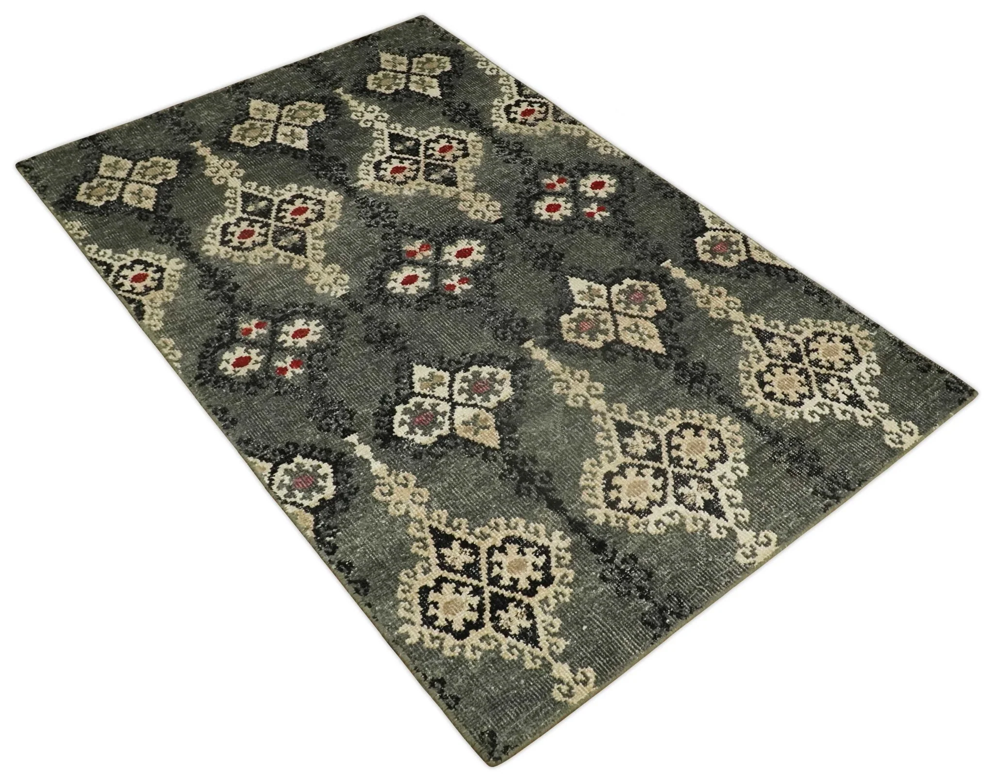 5x8 Hand Knotted Moss Green, Beige and Black  Antique Persian Style Contemporary Recycled Silk Area Rug | OP73 - Image 9