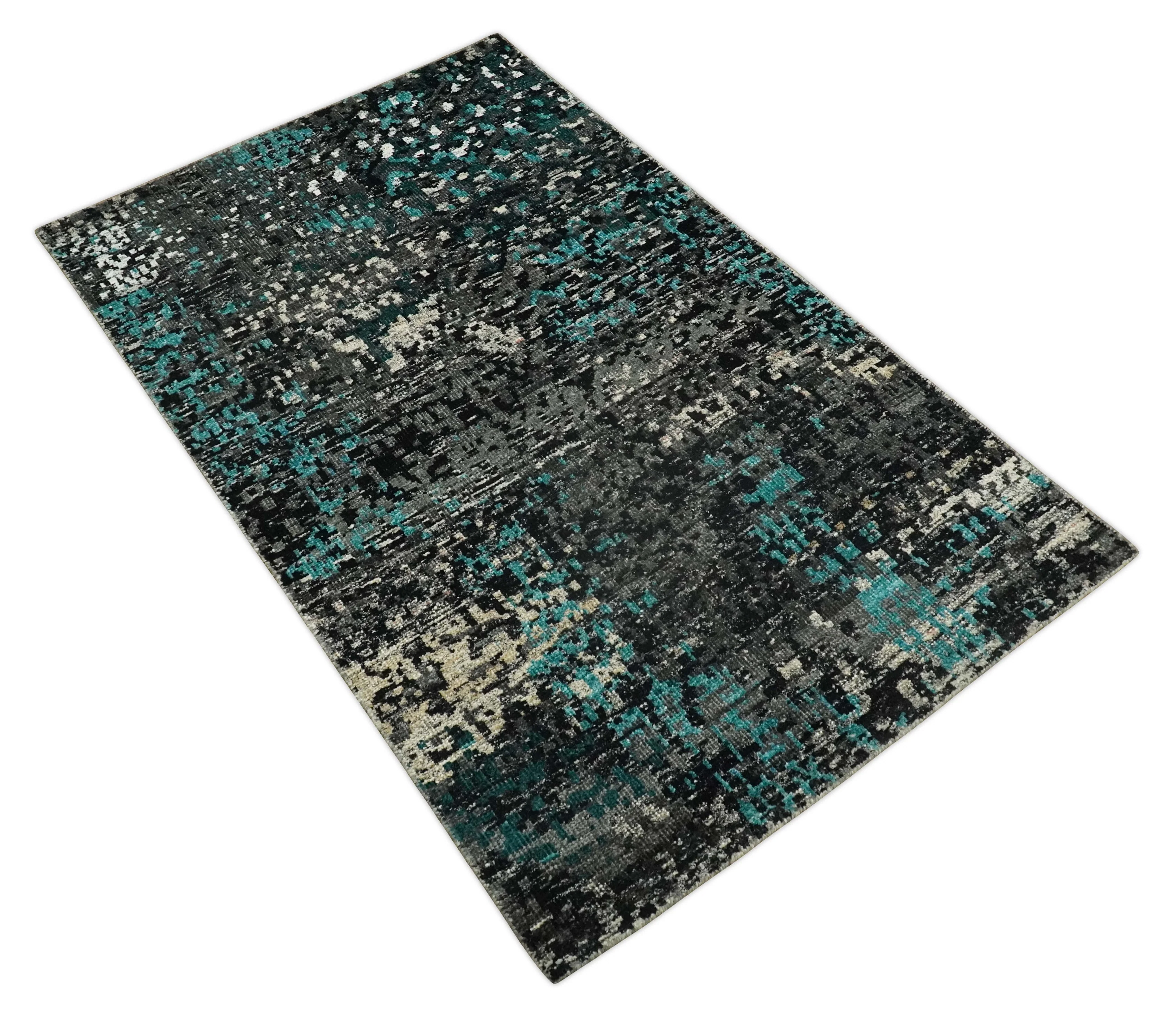 5x8 Hand Knotted Charcoal, Ivory and Blue Modern Abstract Contemporary Recycled Silk Area Rug | OP68 - Image 10