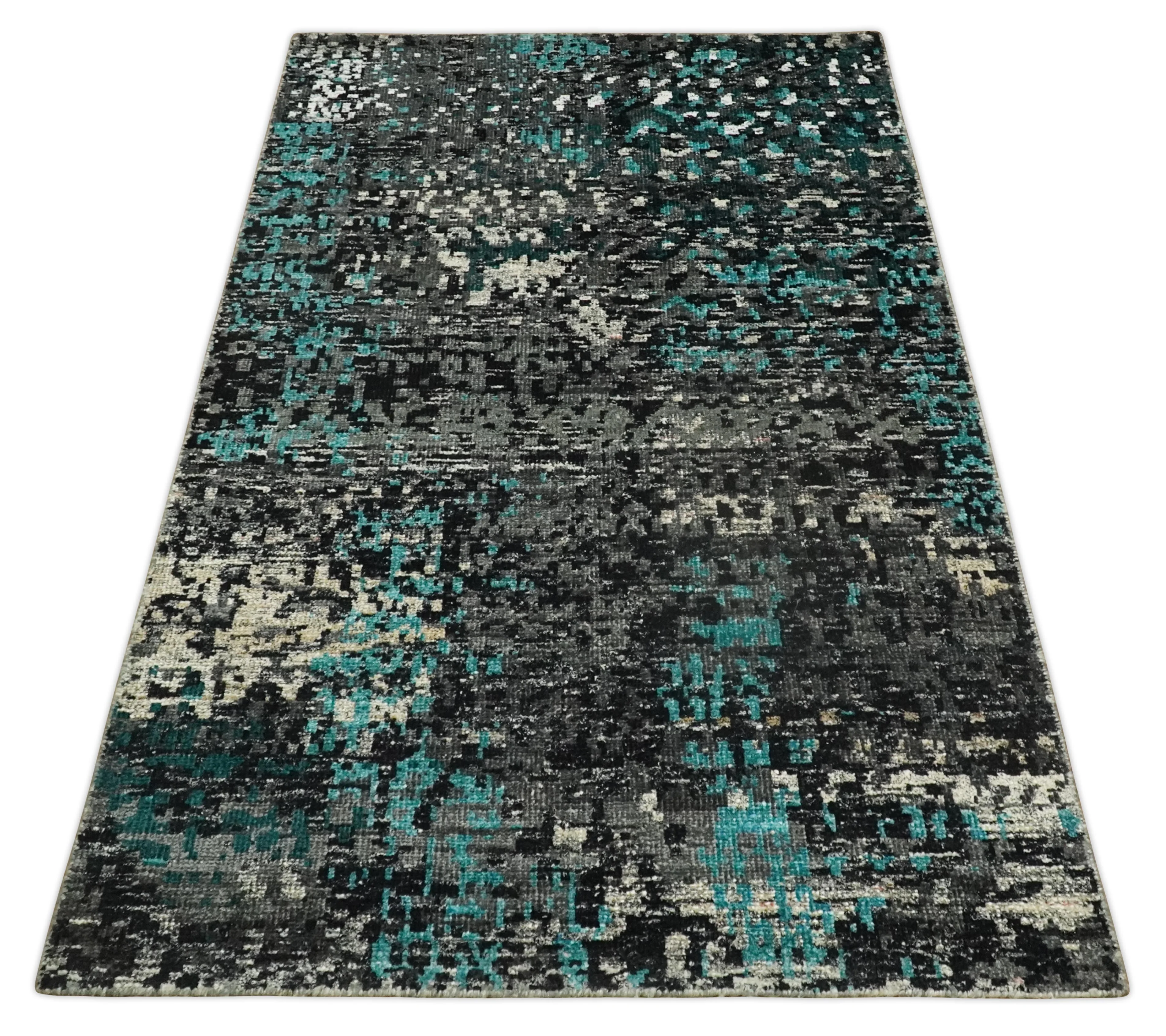 5x8 Hand Knotted Charcoal, Ivory and Blue Modern Abstract Contemporary Recycled Silk Area Rug | OP68 - Image 11