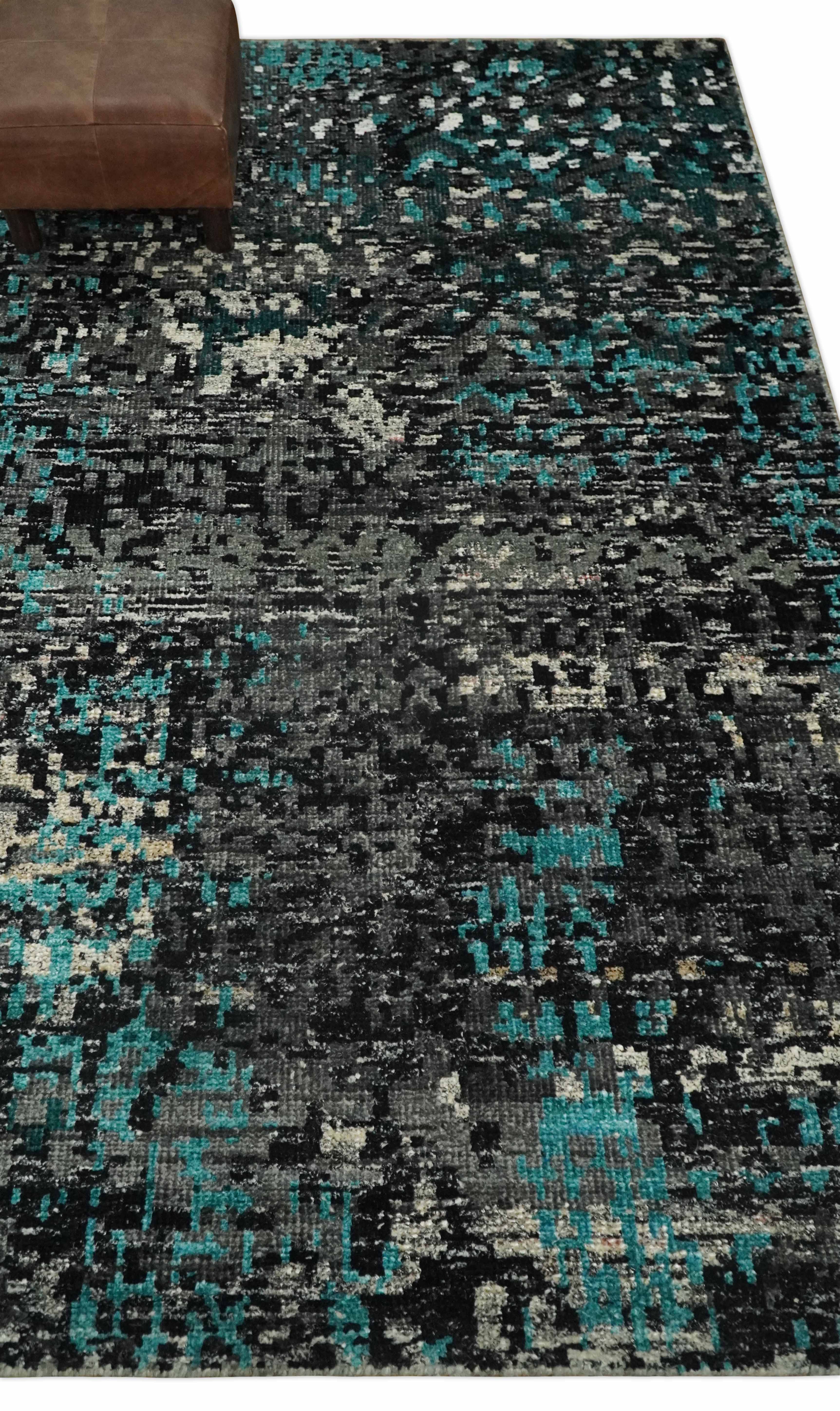 5x8 Hand Knotted Charcoal, Ivory and Blue Modern Abstract Contemporary Recycled Silk Area Rug | OP68 - Image 3