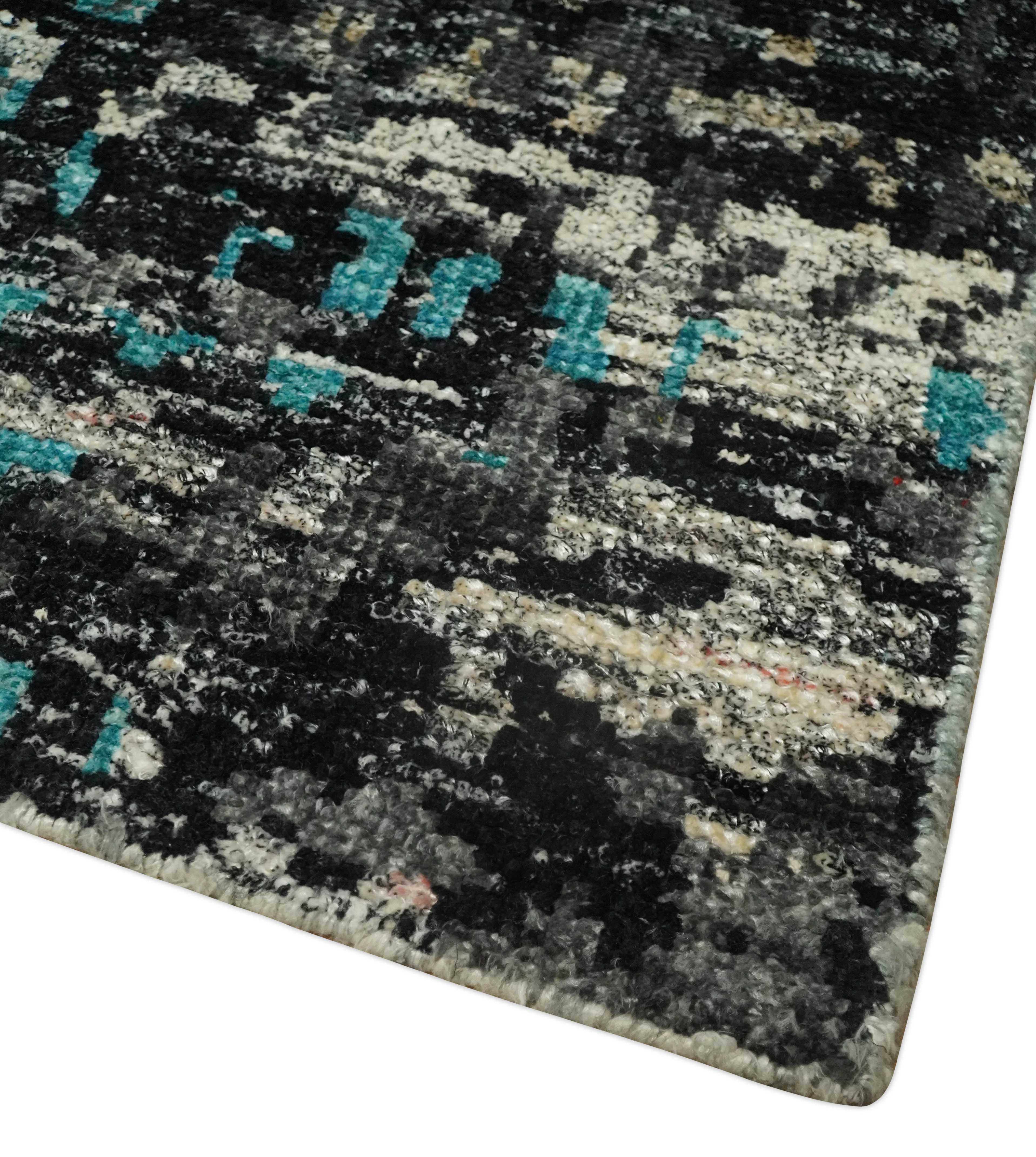5x8 Hand Knotted Charcoal, Ivory and Blue Modern Abstract Contemporary Recycled Silk Area Rug | OP68 - Image 5