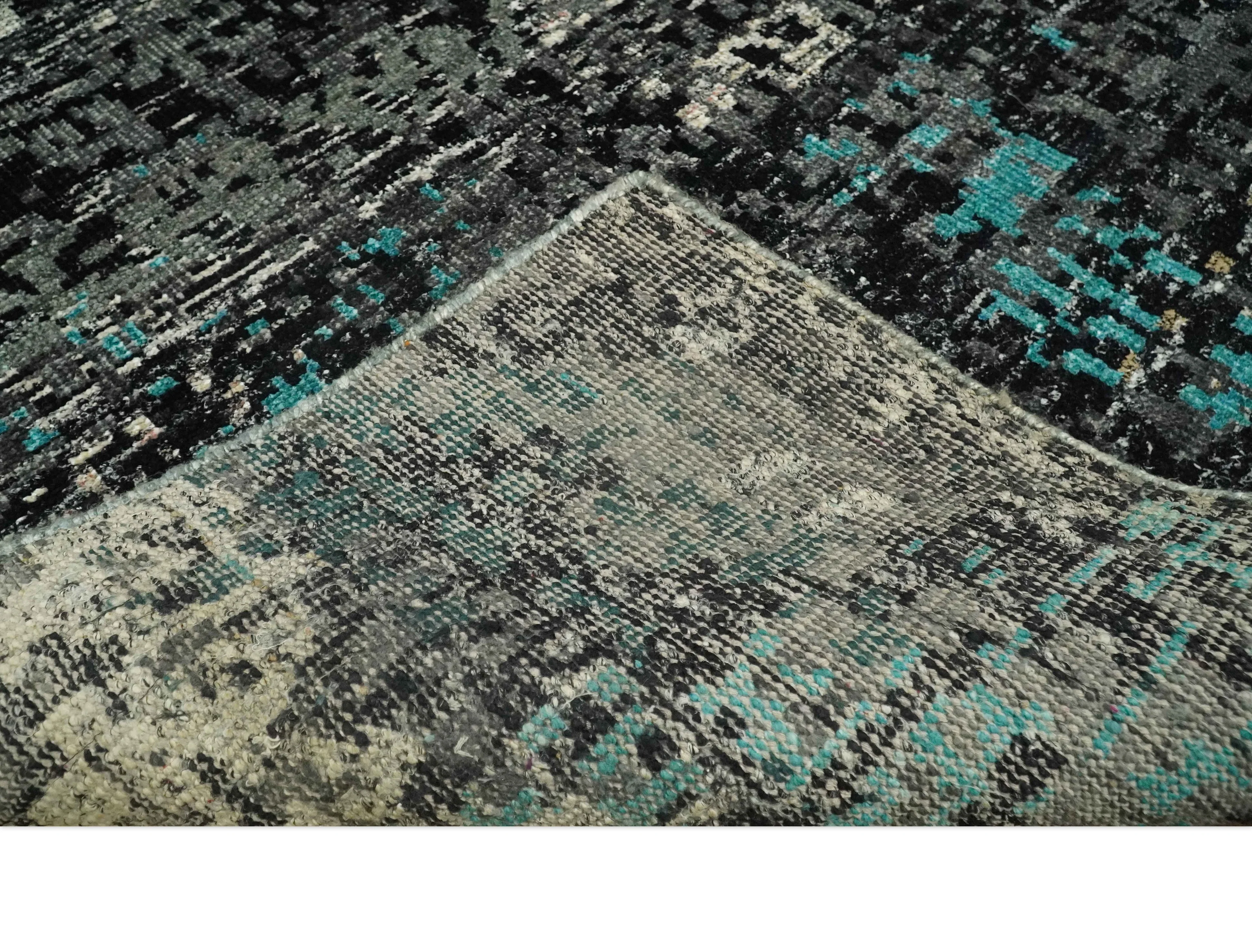 5x8 Hand Knotted Charcoal, Ivory and Blue Modern Abstract Contemporary Recycled Silk Area Rug | OP68 - Image 6