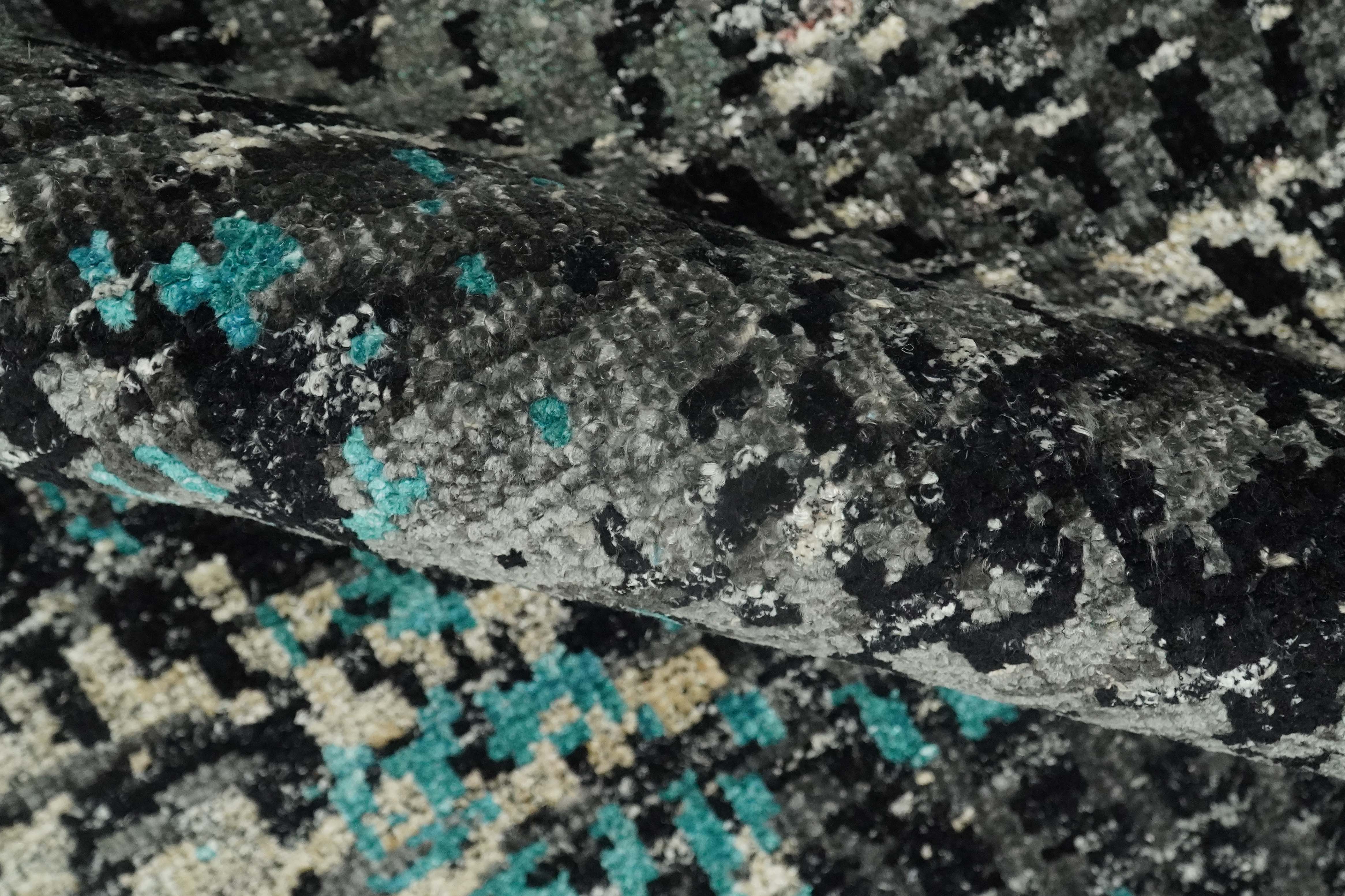 5x8 Hand Knotted Charcoal, Ivory and Blue Modern Abstract Contemporary Recycled Silk Area Rug | OP68 - Image 7