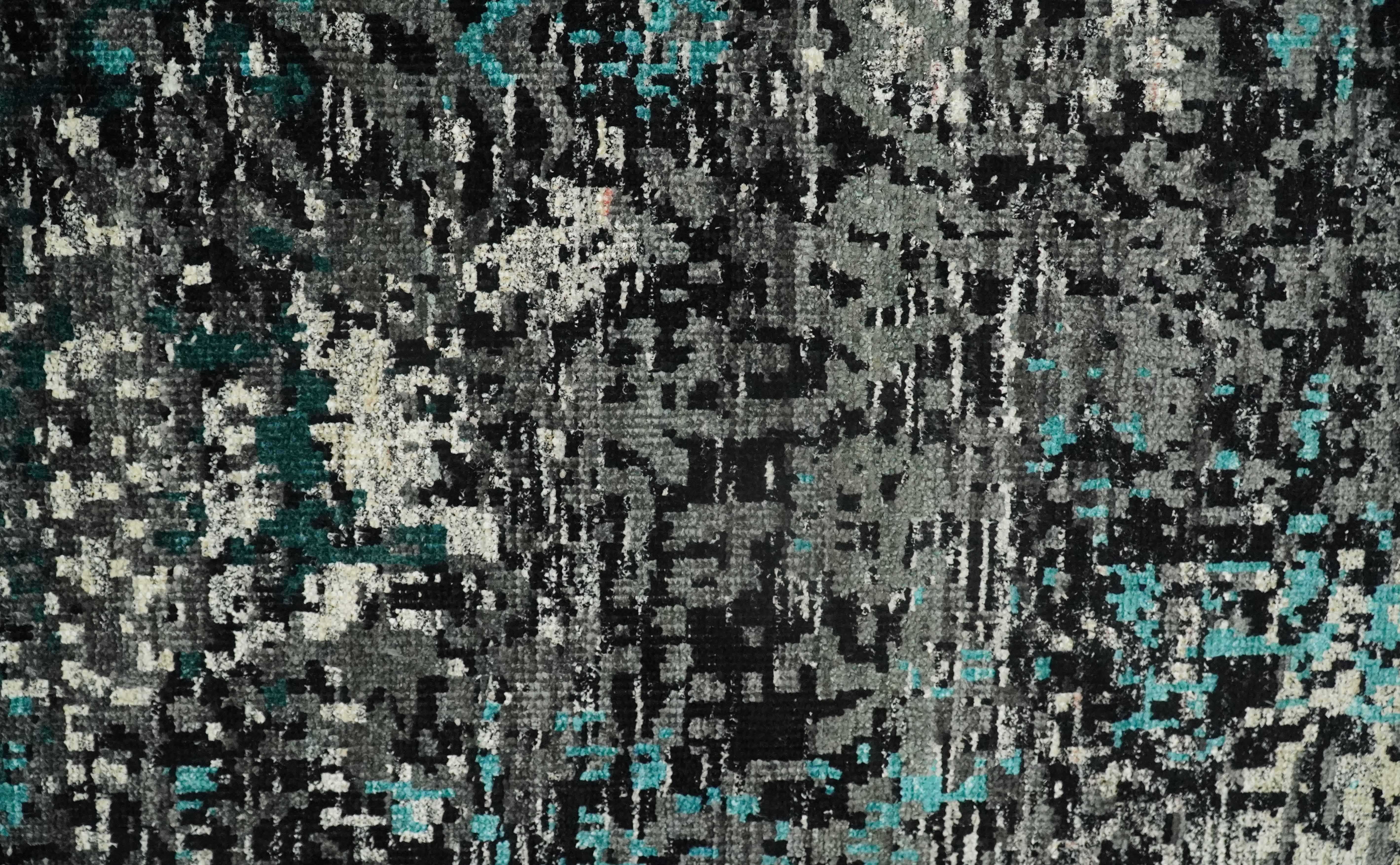 5x8 Hand Knotted Charcoal, Ivory and Blue Modern Abstract Contemporary Recycled Silk Area Rug | OP68 - Image 9