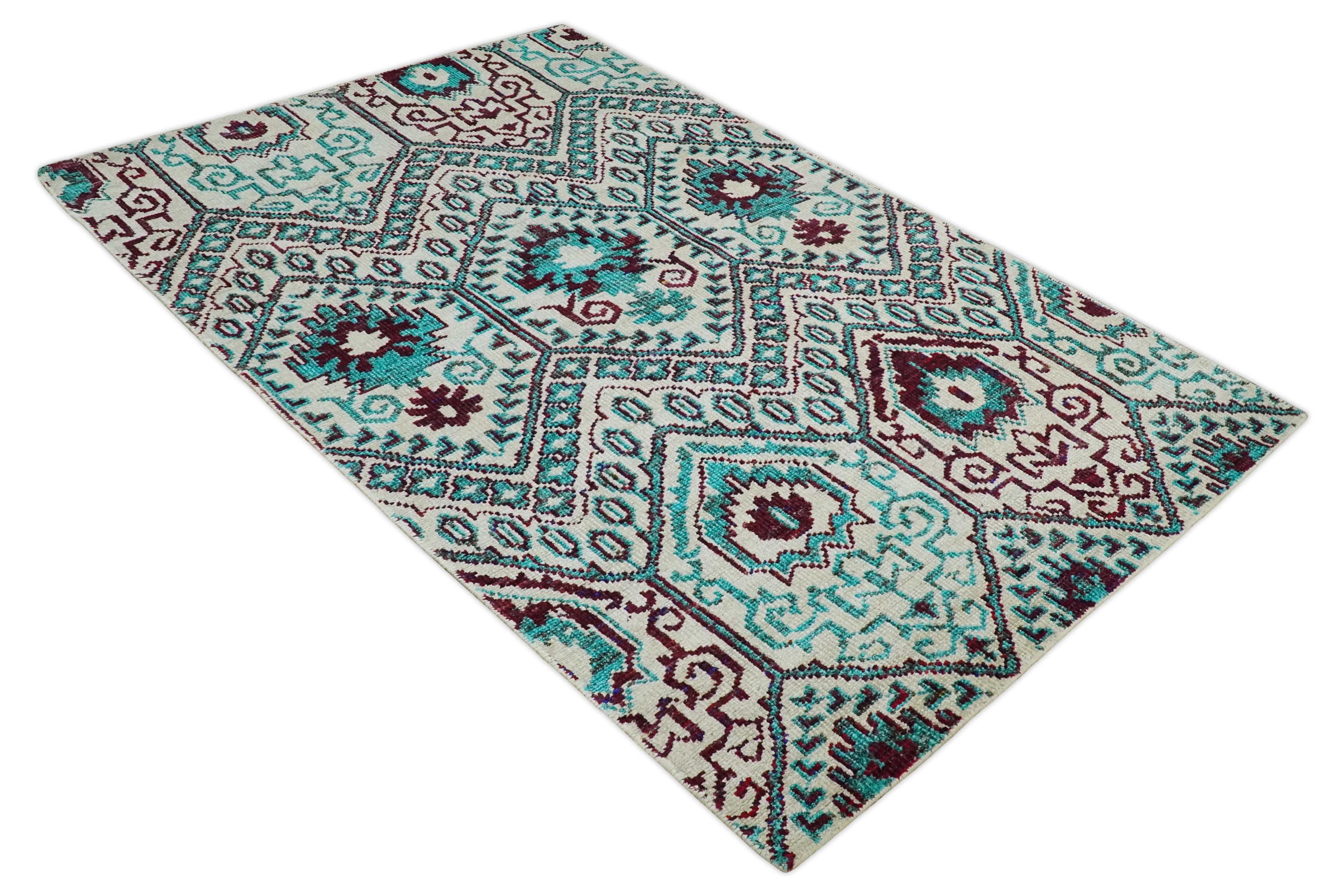 5x8 Hand Knotted Ivory, Blue and Red Antique Persian Style Contemporary Bamboo Silk Area Rug | OP114 - Image 10