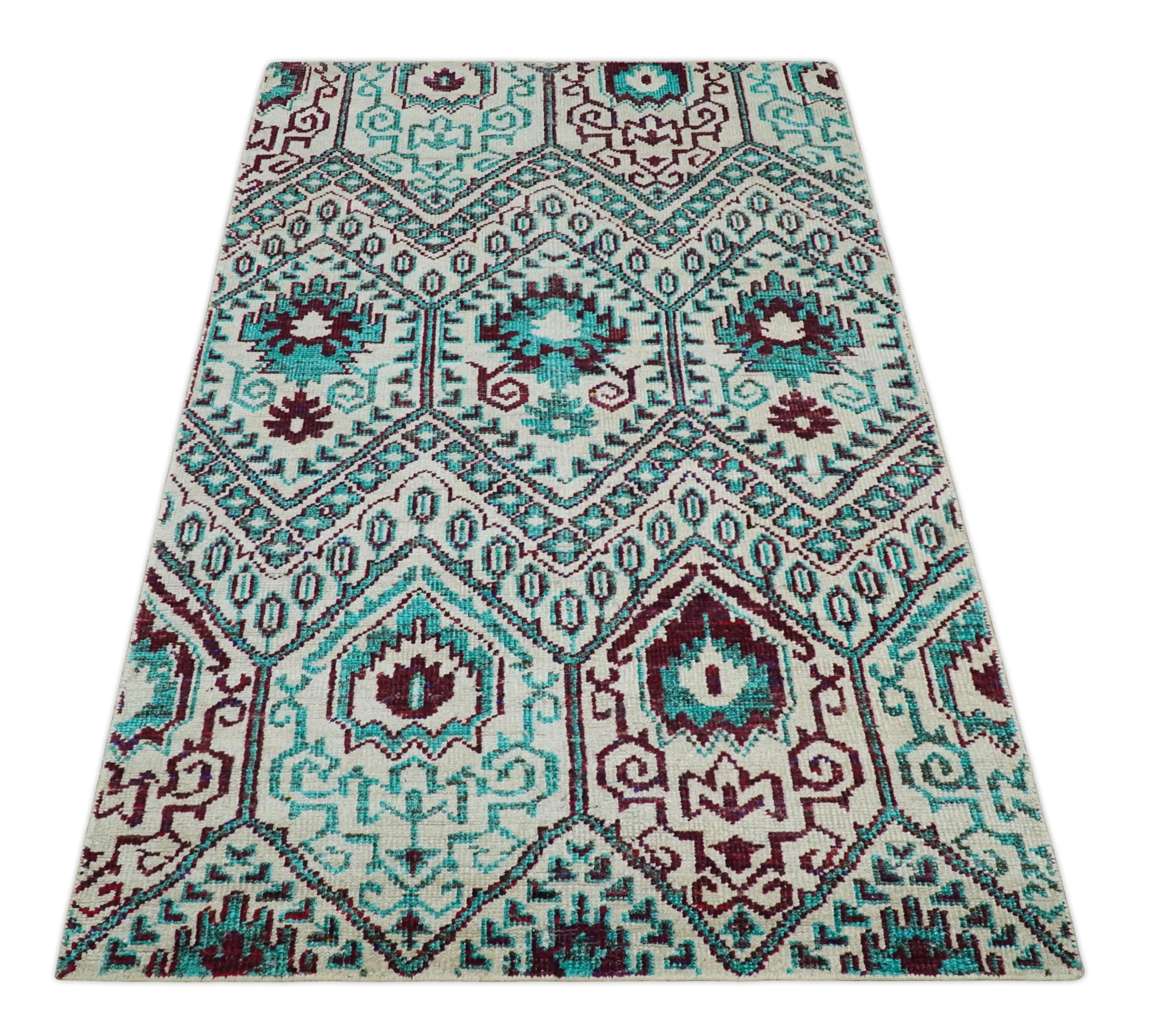 5x8 Hand Knotted Ivory, Blue and Red Antique Persian Style Contemporary Bamboo Silk Area Rug | OP114 - Image 11