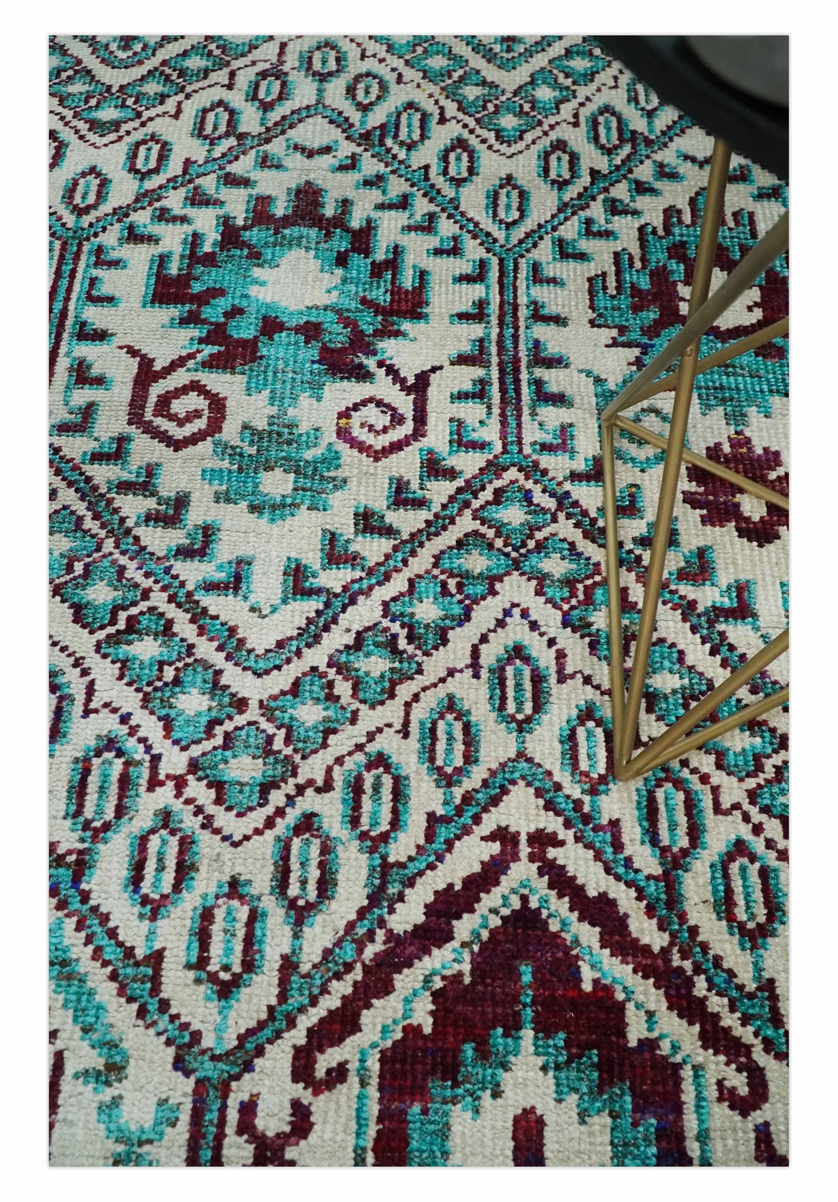 5x8 Hand Knotted Ivory, Blue and Red Antique Persian Style Contemporary Bamboo Silk Area Rug | OP114 - Image 2