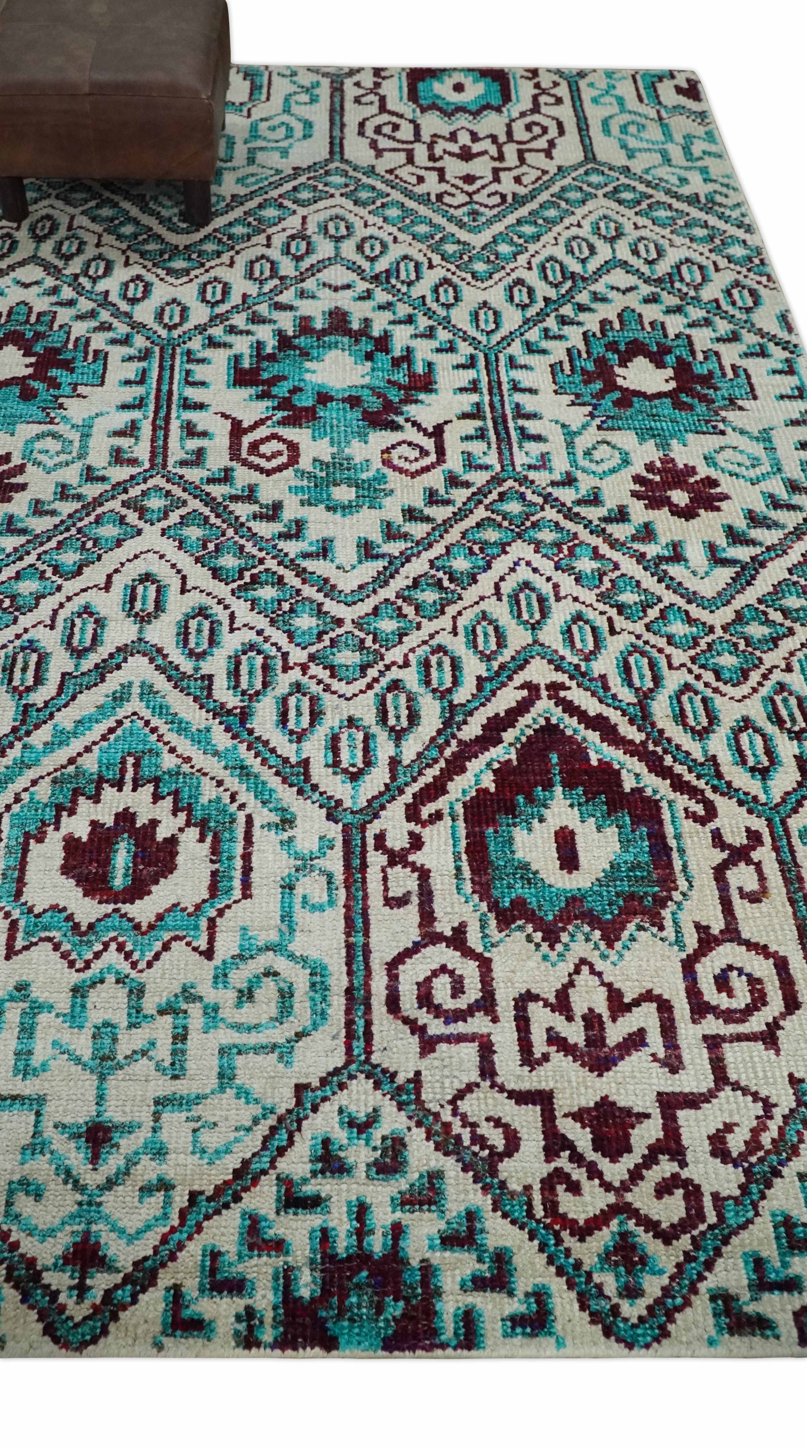 5x8 Hand Knotted Ivory, Blue and Red Antique Persian Style Contemporary Bamboo Silk Area Rug | OP114 - Image 3