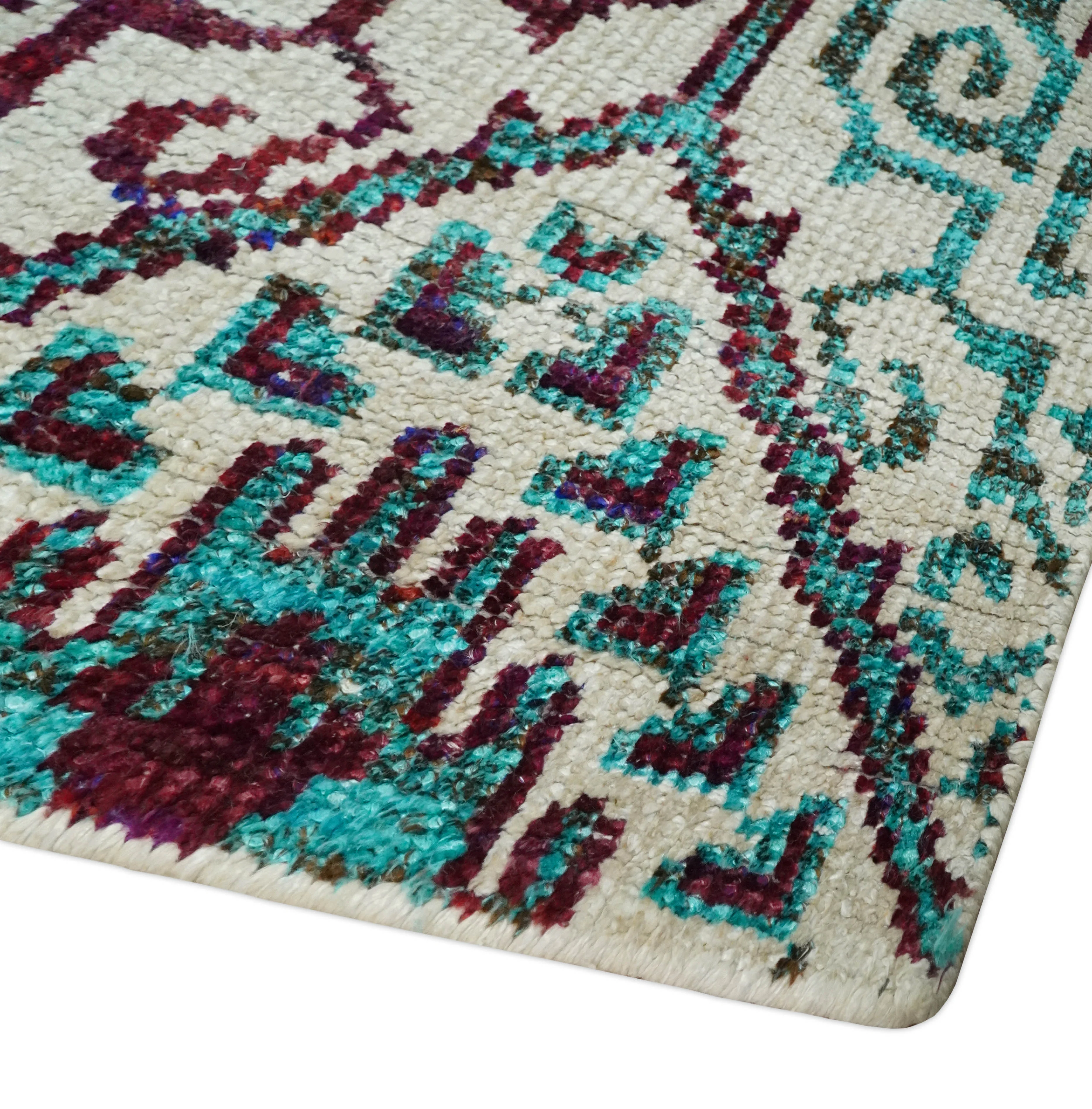 5x8 Hand Knotted Ivory, Blue and Red Antique Persian Style Contemporary Bamboo Silk Area Rug | OP114 - Image 5