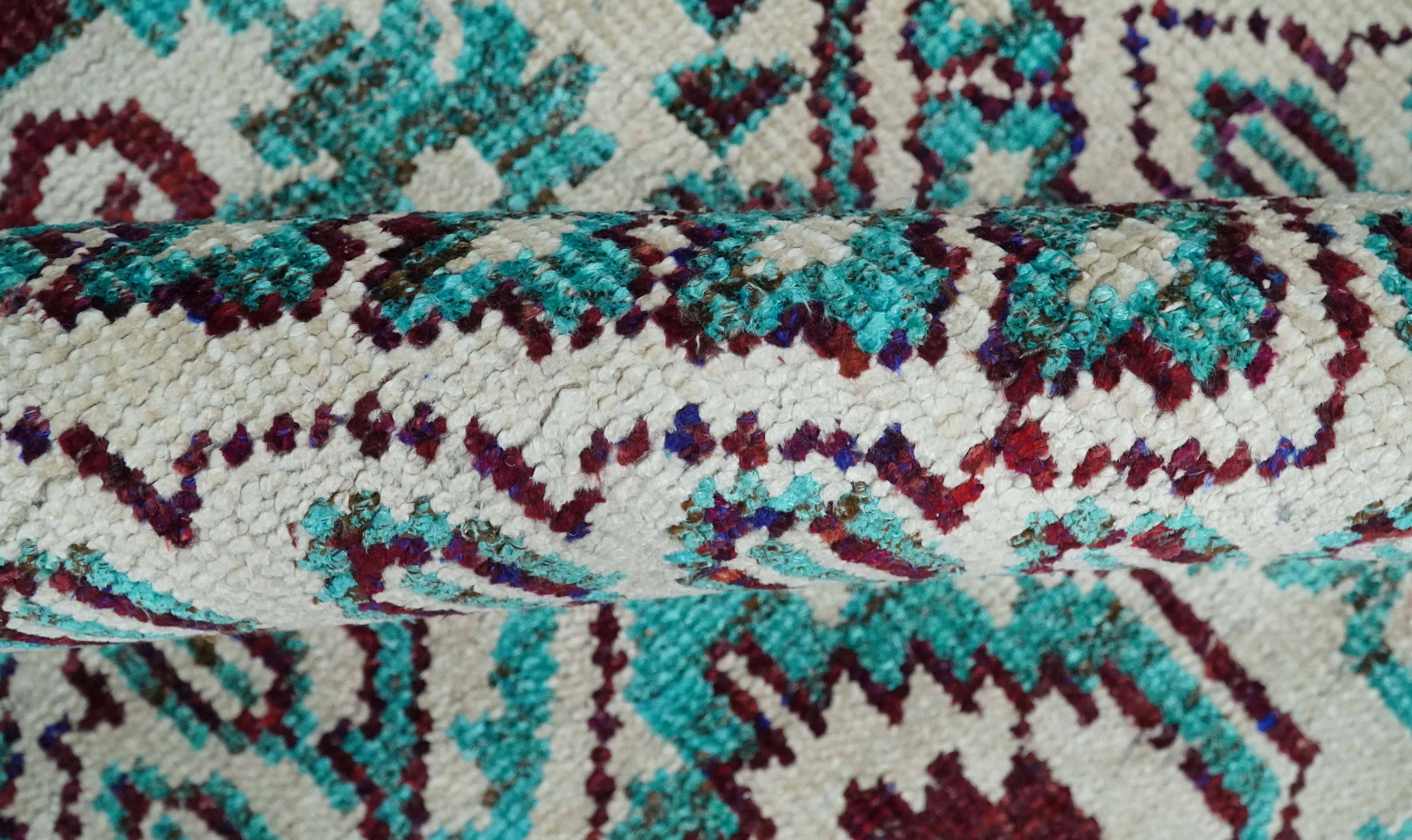5x8 Hand Knotted Ivory, Blue and Red Antique Persian Style Contemporary Bamboo Silk Area Rug | OP114 - Image 6