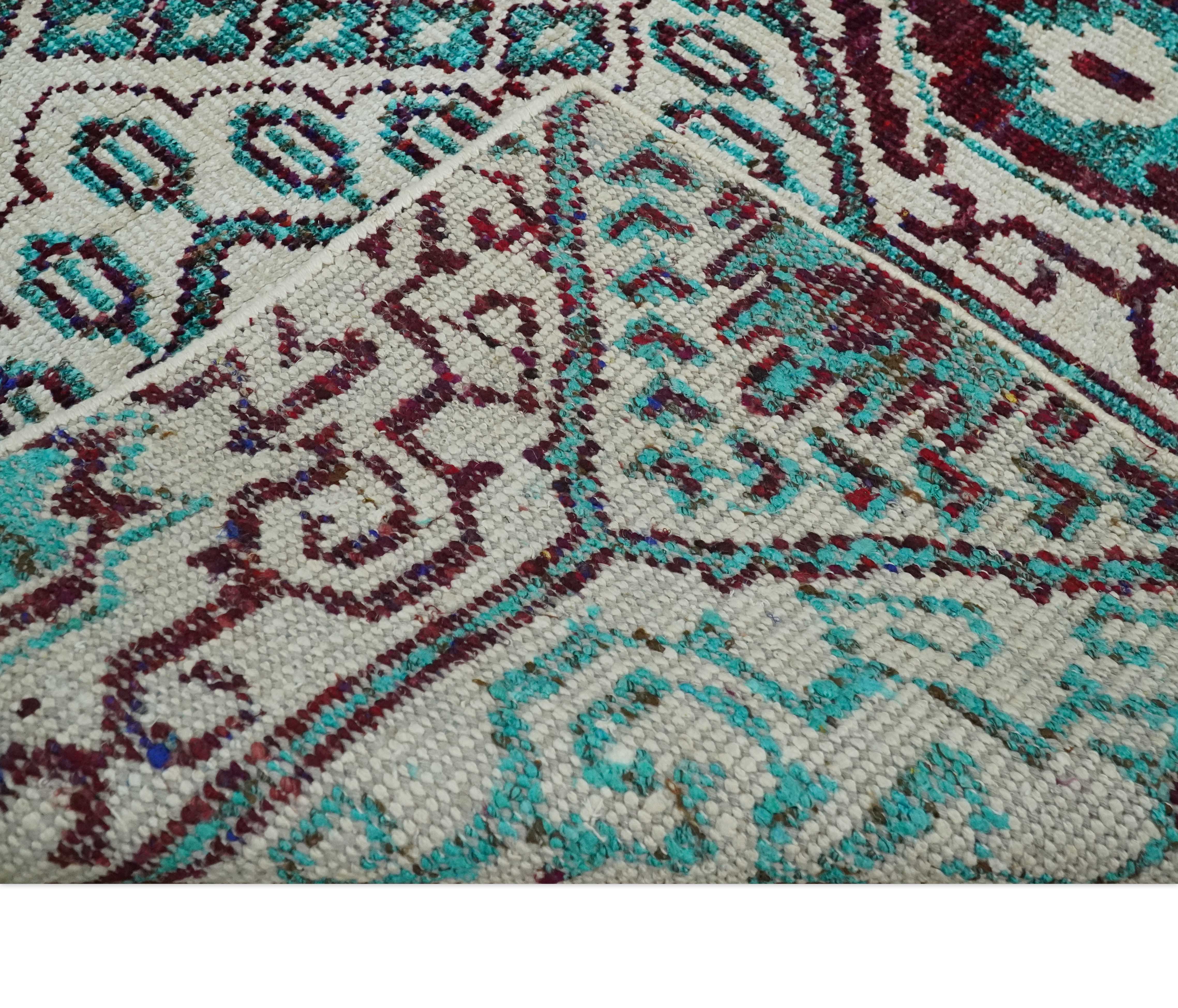 5x8 Hand Knotted Ivory, Blue and Red Antique Persian Style Contemporary Bamboo Silk Area Rug | OP114 - Image 7