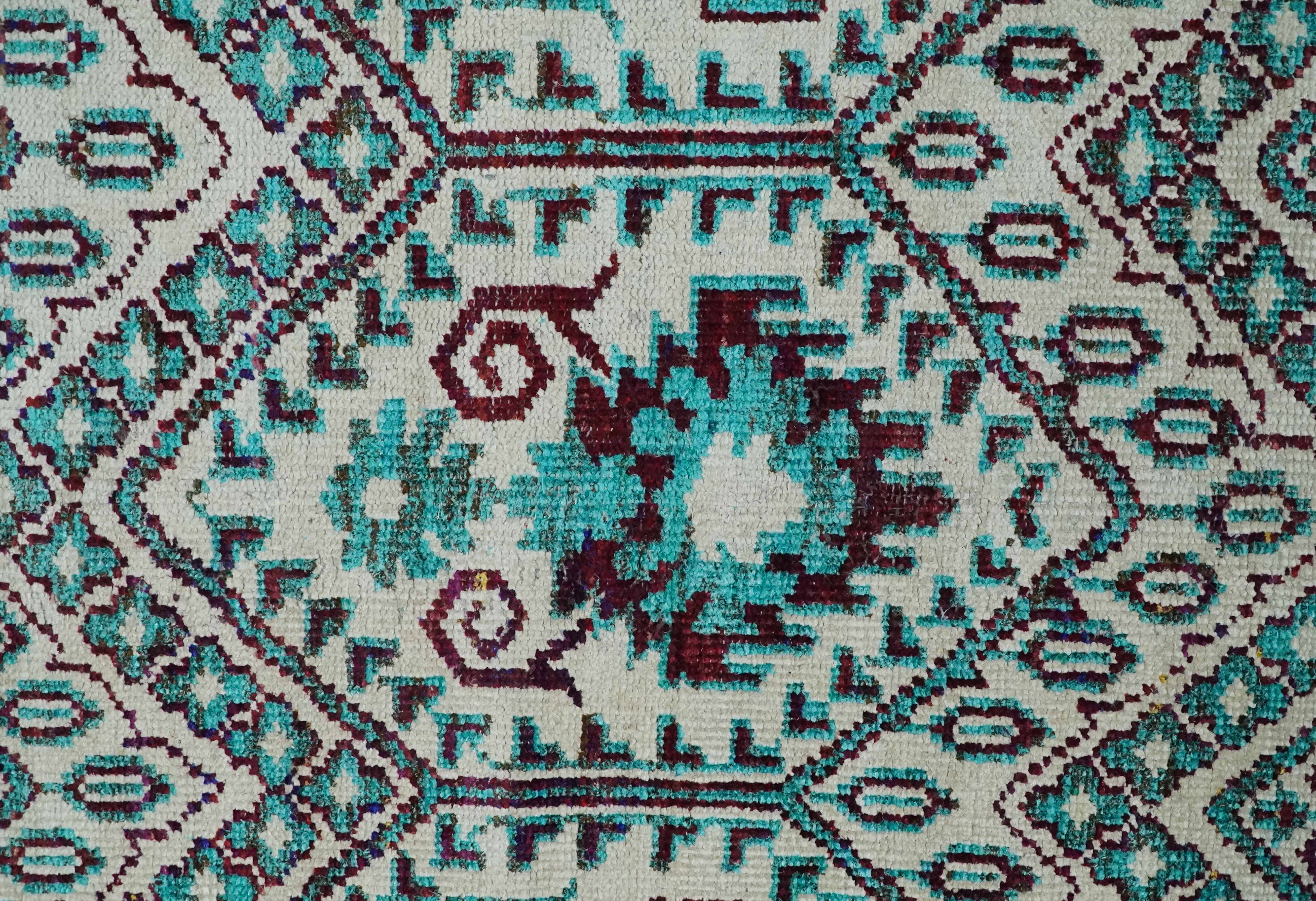 5x8 Hand Knotted Ivory, Blue and Red Antique Persian Style Contemporary Bamboo Silk Area Rug | OP114 - Image 9