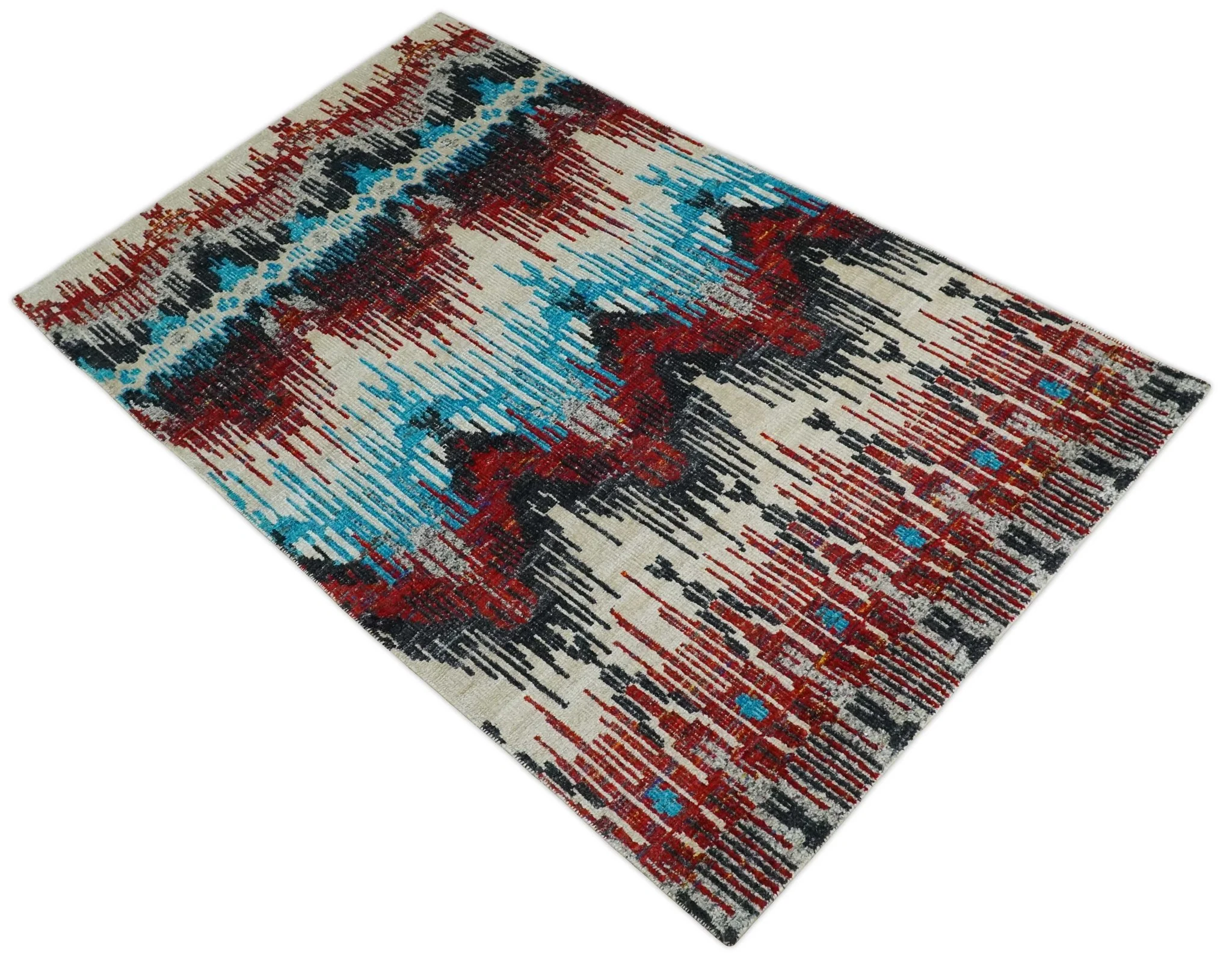 5x8 Hand Knotted Ivory, Blue and Maroon Modern Abstract Contemporary Recycled Silk Area Rug | OP99 - Image 10