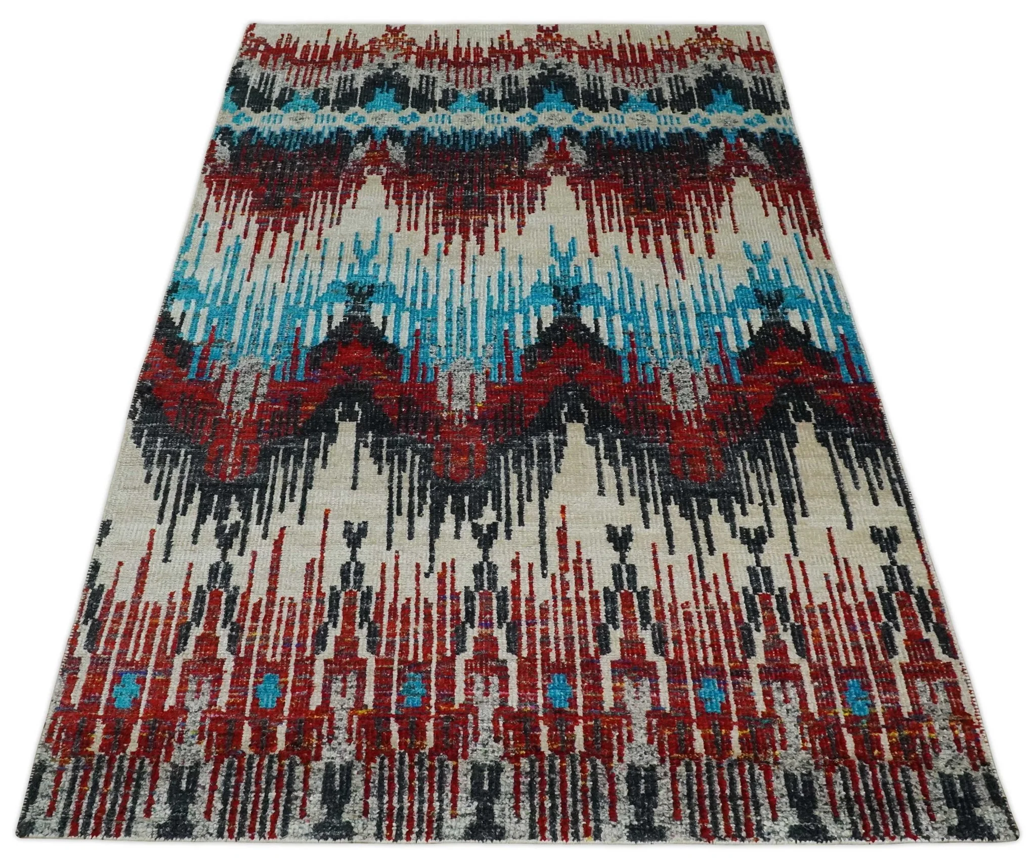5x8 Hand Knotted Ivory, Blue and Maroon Modern Abstract Contemporary Recycled Silk Area Rug | OP99 - Image 11