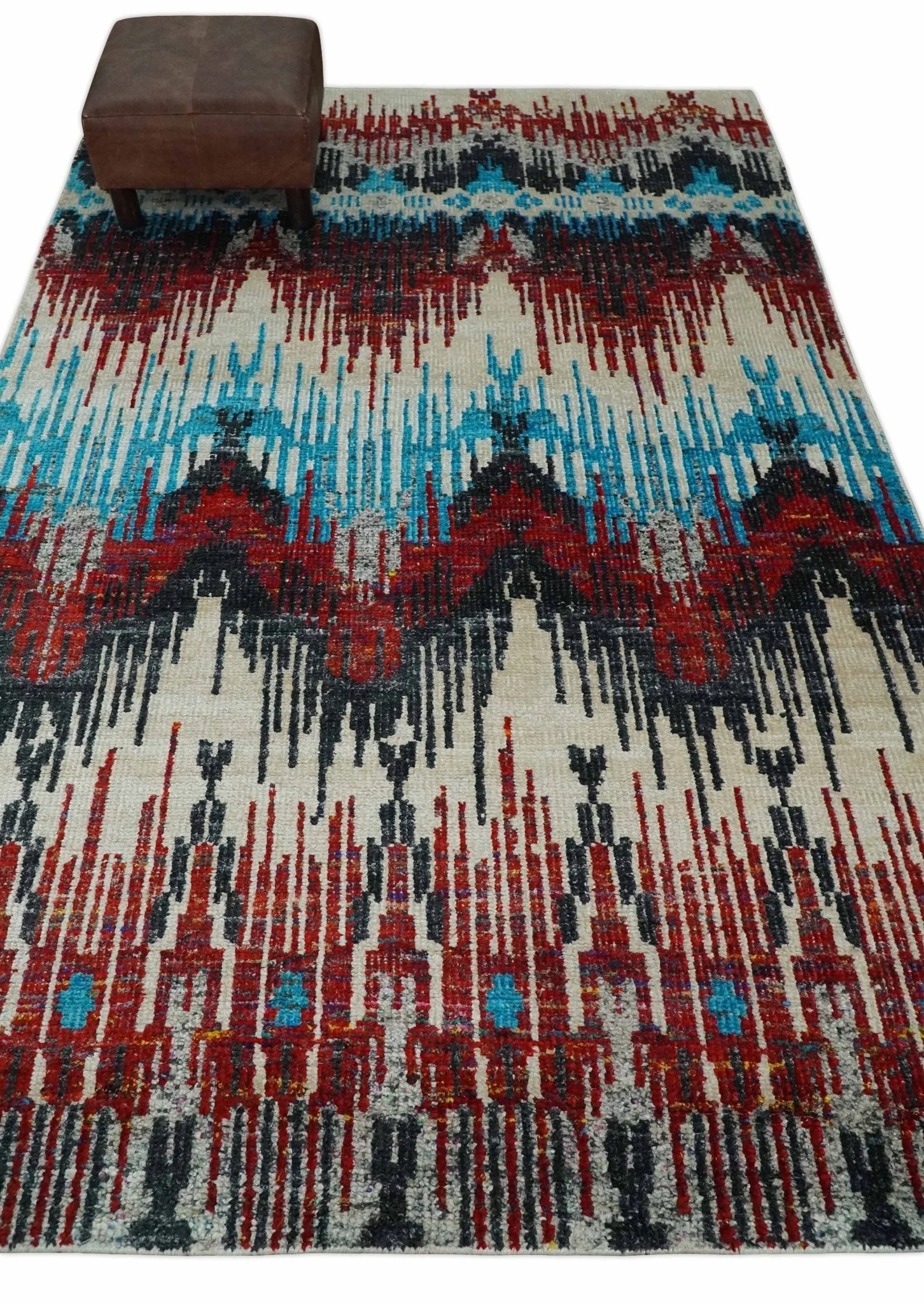 5x8 Hand Knotted Ivory, Blue and Maroon Modern Abstract Contemporary Recycled Silk Area Rug | OP99 - Image 3