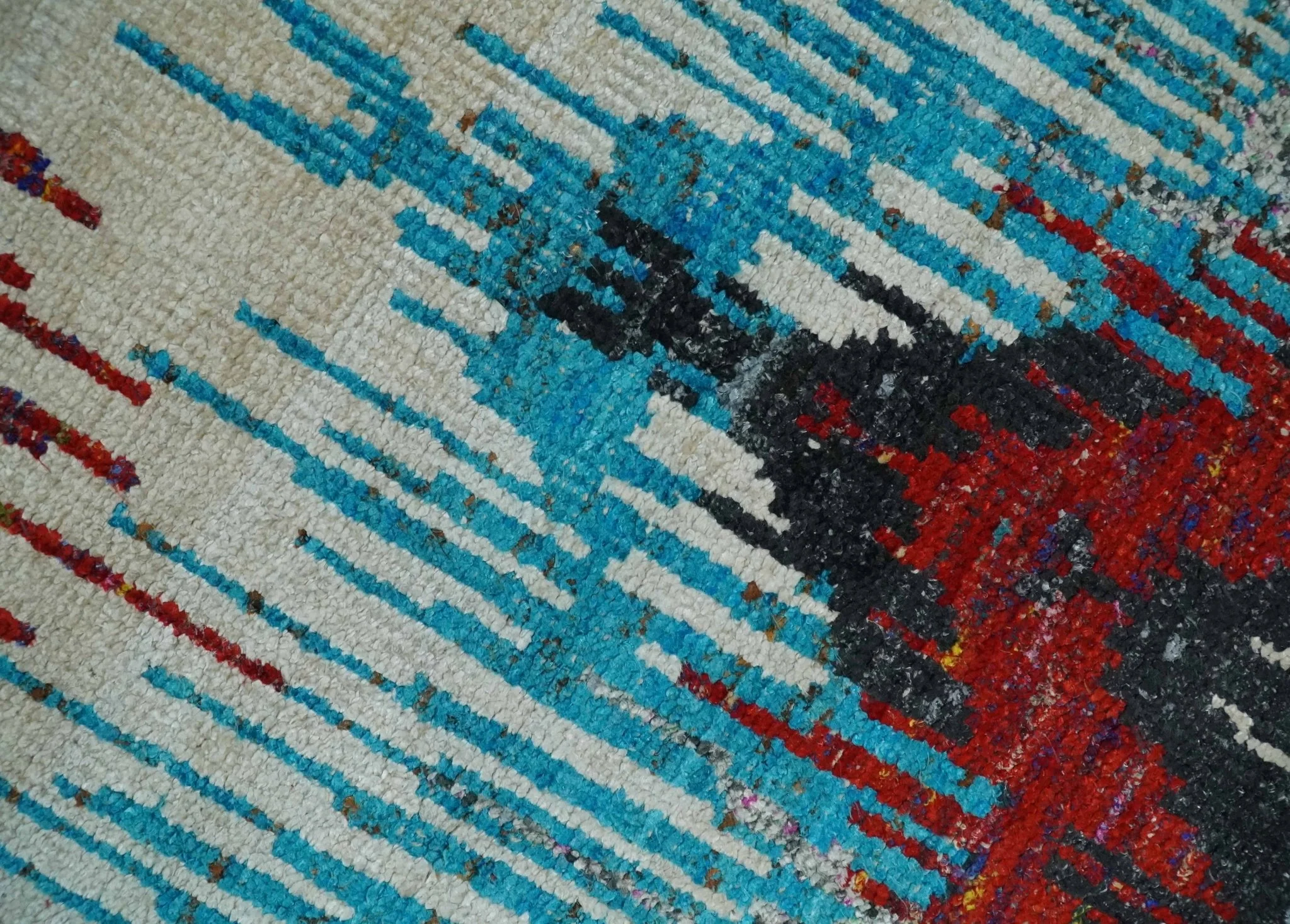 5x8 Hand Knotted Ivory, Blue and Maroon Modern Abstract Contemporary Recycled Silk Area Rug | OP99 - Image 4