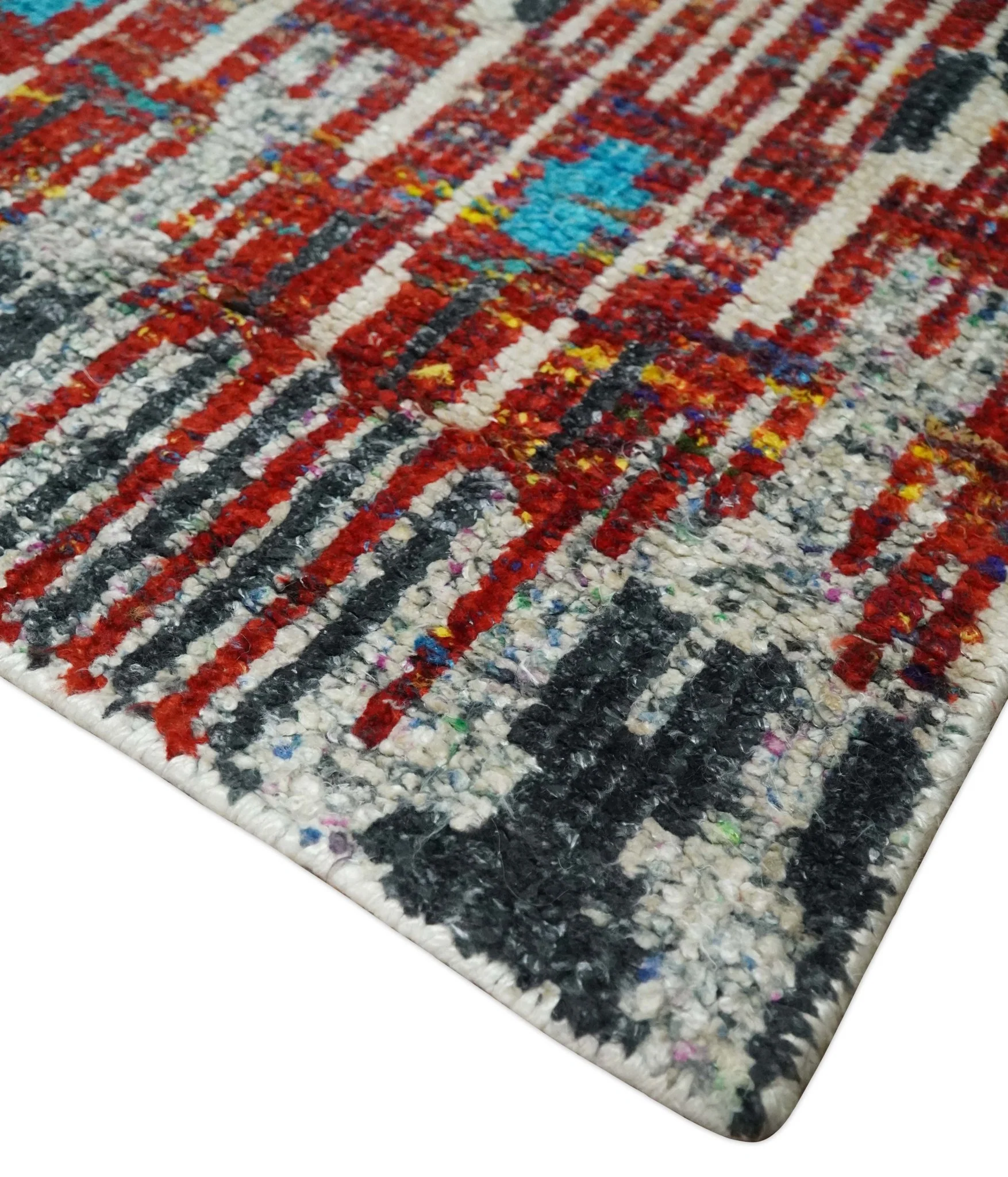 5x8 Hand Knotted Ivory, Blue and Maroon Modern Abstract Contemporary Recycled Silk Area Rug | OP99 - Image 5
