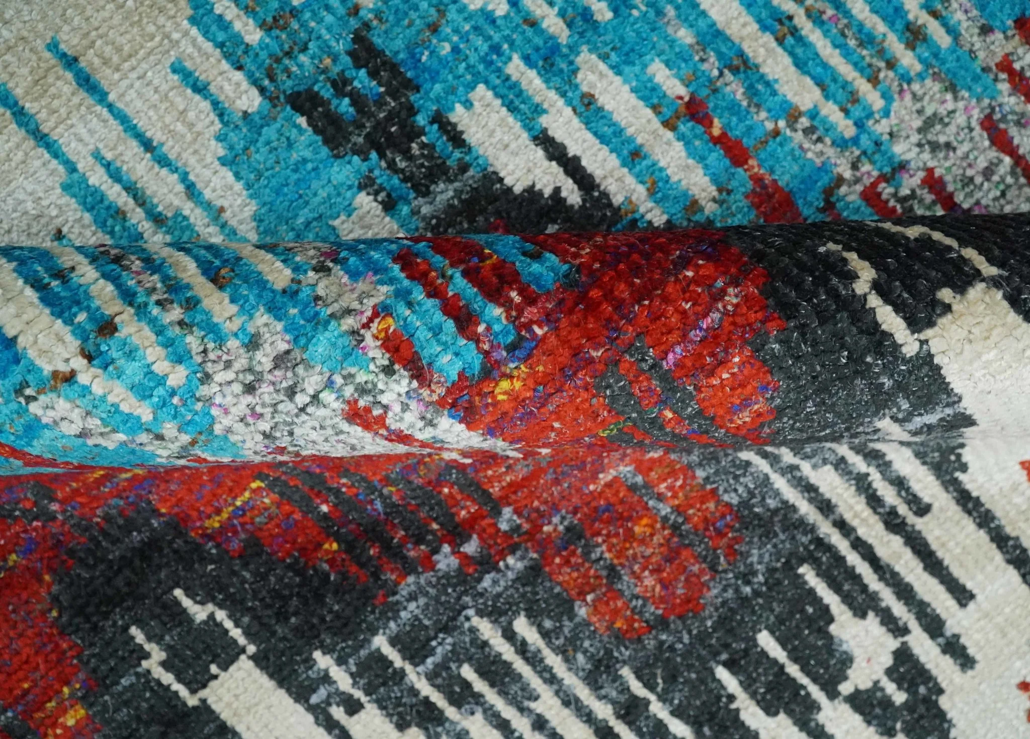 5x8 Hand Knotted Ivory, Blue and Maroon Modern Abstract Contemporary Recycled Silk Area Rug | OP99 - Image 6