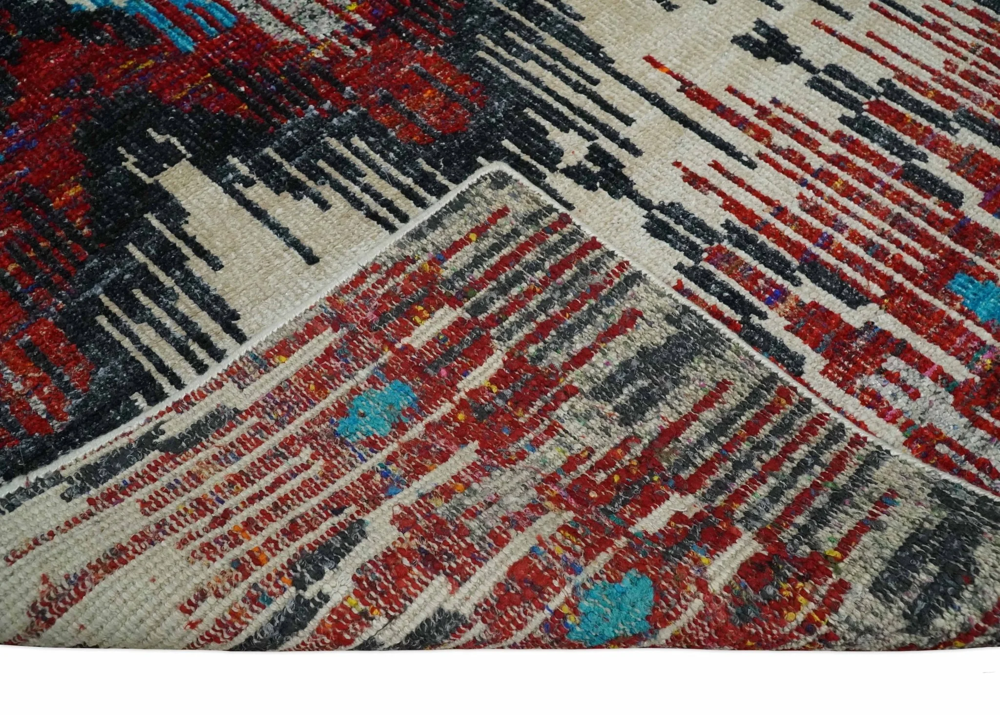 5x8 Hand Knotted Ivory, Blue and Maroon Modern Abstract Contemporary Recycled Silk Area Rug | OP99 - Image 7