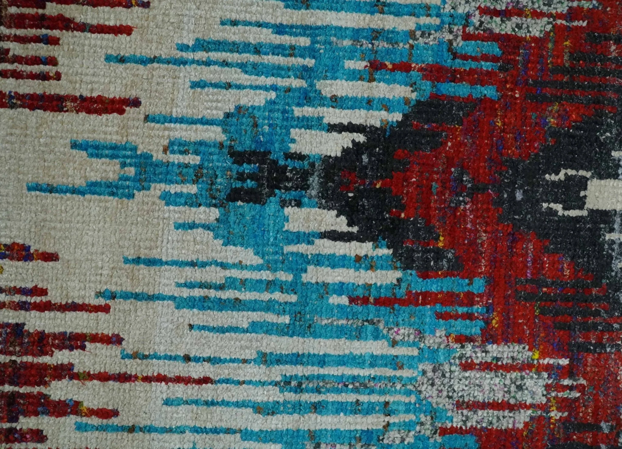 5x8 Hand Knotted Ivory, Blue and Maroon Modern Abstract Contemporary Recycled Silk Area Rug | OP99 - Image 9