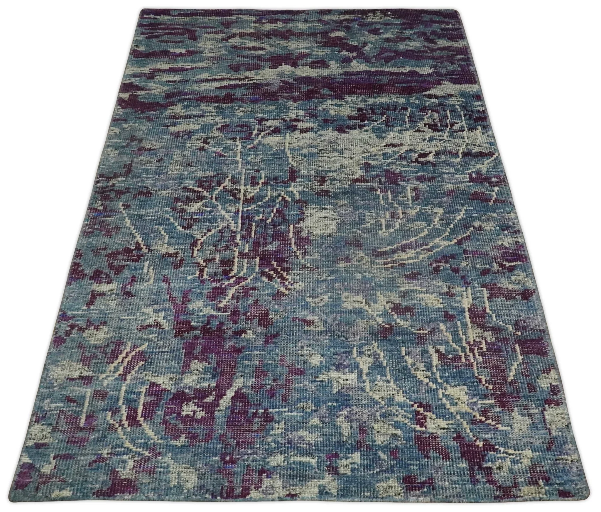 5x8 Hand Knotted Ivory, Blue and Purple Modern Abstract Contemporary Recycled Silk Area Rug | OP72 - Image 10