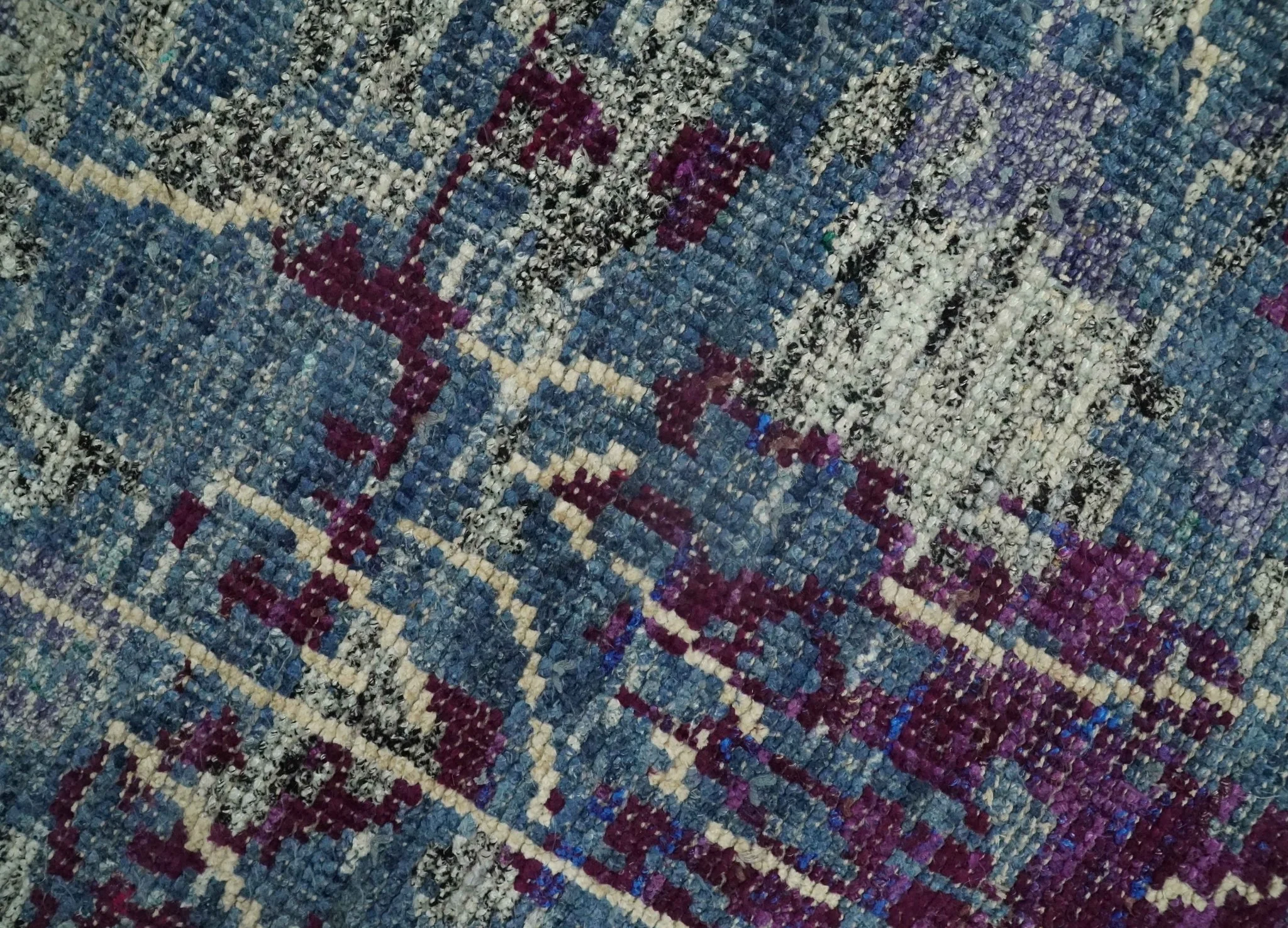 5x8 Hand Knotted Ivory, Blue and Purple Modern Abstract Contemporary Recycled Silk Area Rug | OP72 - Image 2