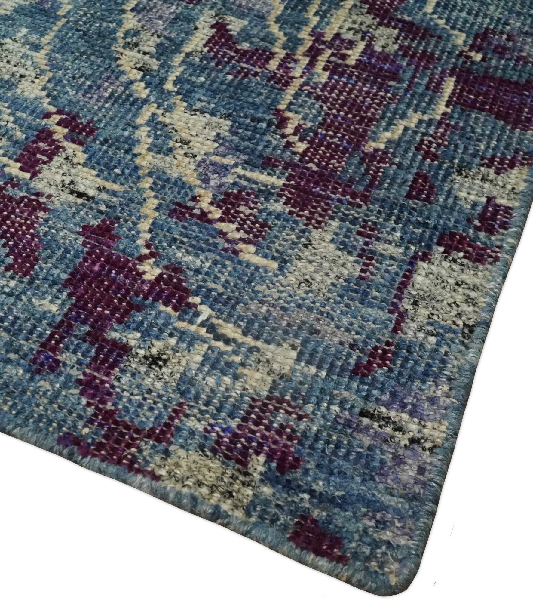 5x8 Hand Knotted Ivory, Blue and Purple Modern Abstract Contemporary Recycled Silk Area Rug | OP72 - Image 3