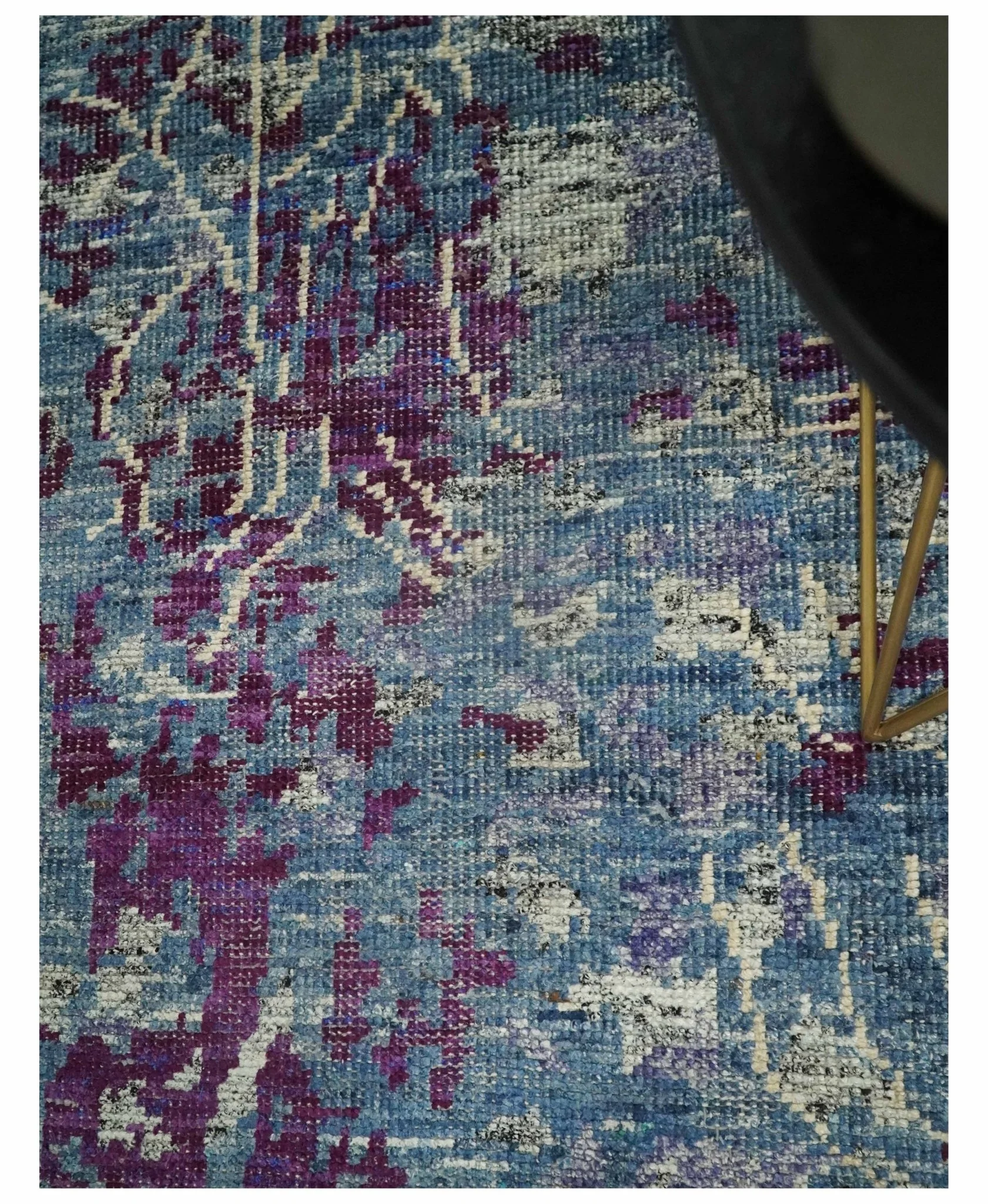 5x8 Hand Knotted Ivory, Blue and Purple Modern Abstract Contemporary Recycled Silk Area Rug | OP72 - Image 4