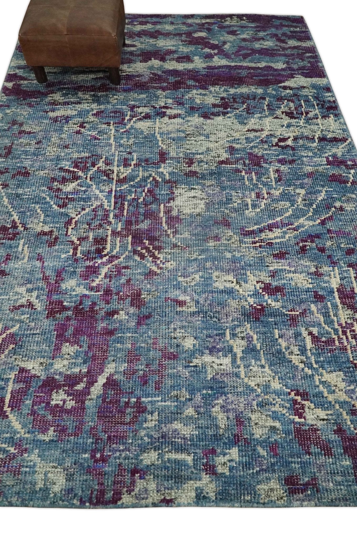 5x8 Hand Knotted Ivory, Blue and Purple Modern Abstract Contemporary Recycled Silk Area Rug | OP72 - Image 5