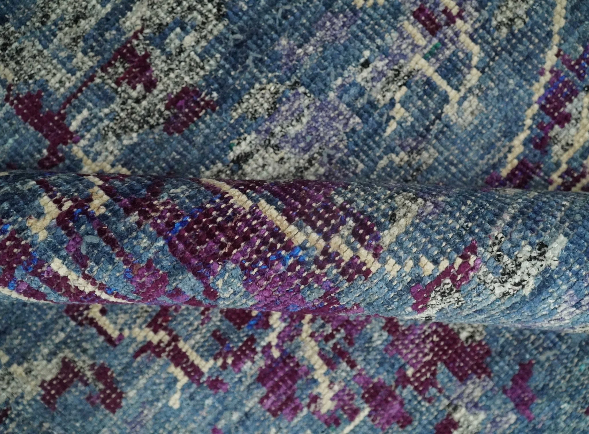 5x8 Hand Knotted Ivory, Blue and Purple Modern Abstract Contemporary Recycled Silk Area Rug | OP72 - Image 6