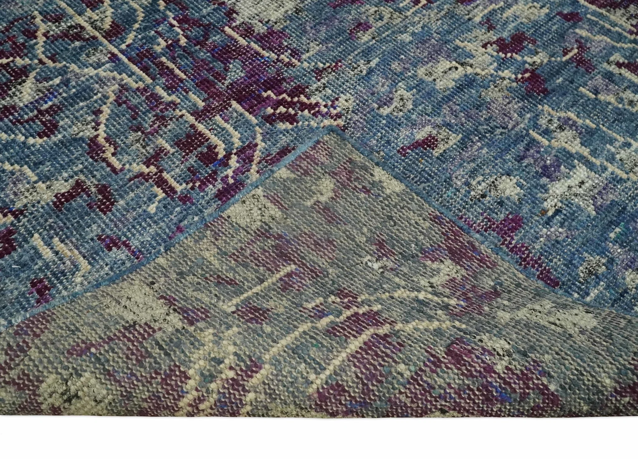 5x8 Hand Knotted Ivory, Blue and Purple Modern Abstract Contemporary Recycled Silk Area Rug | OP72 - Image 7