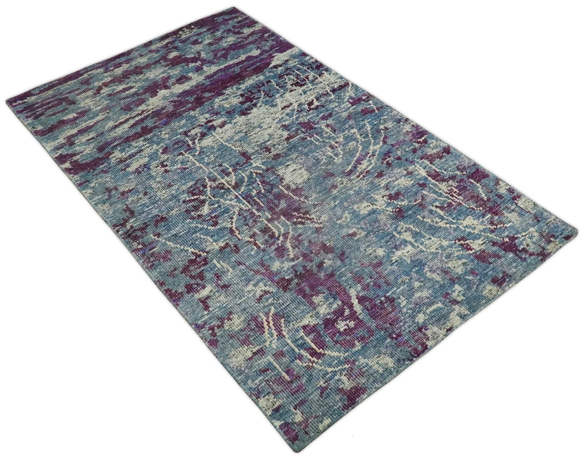 5x8 Hand Knotted Ivory, Blue and Purple Modern Abstract Contemporary Recycled Silk Area Rug | OP72 - Image 9