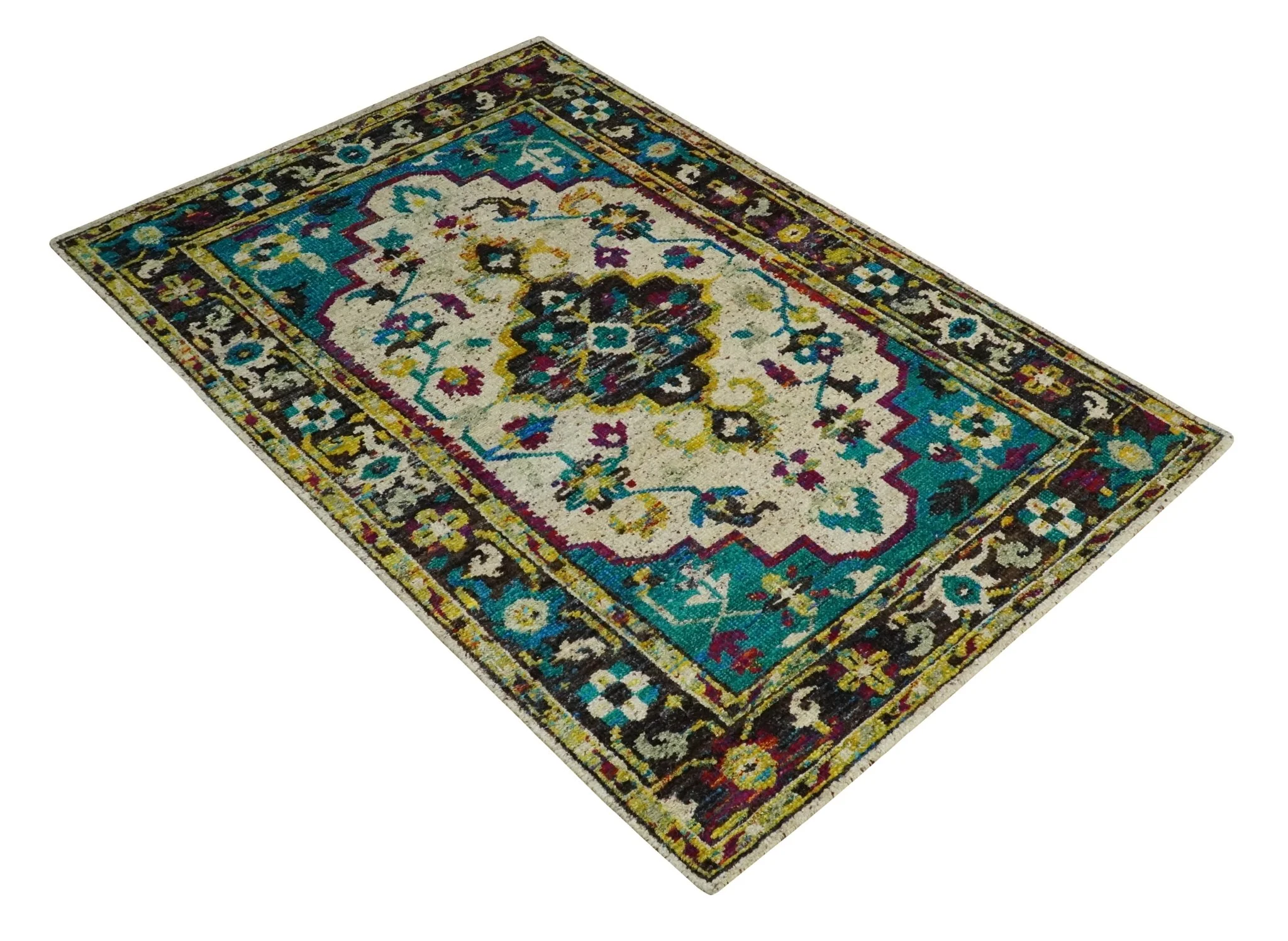 5x8 Hand Knotted Ivory, Teal Blue and Brown Antique Persian Style Contemporary Bamboo Silk Area Rug | OP76 - Image 10