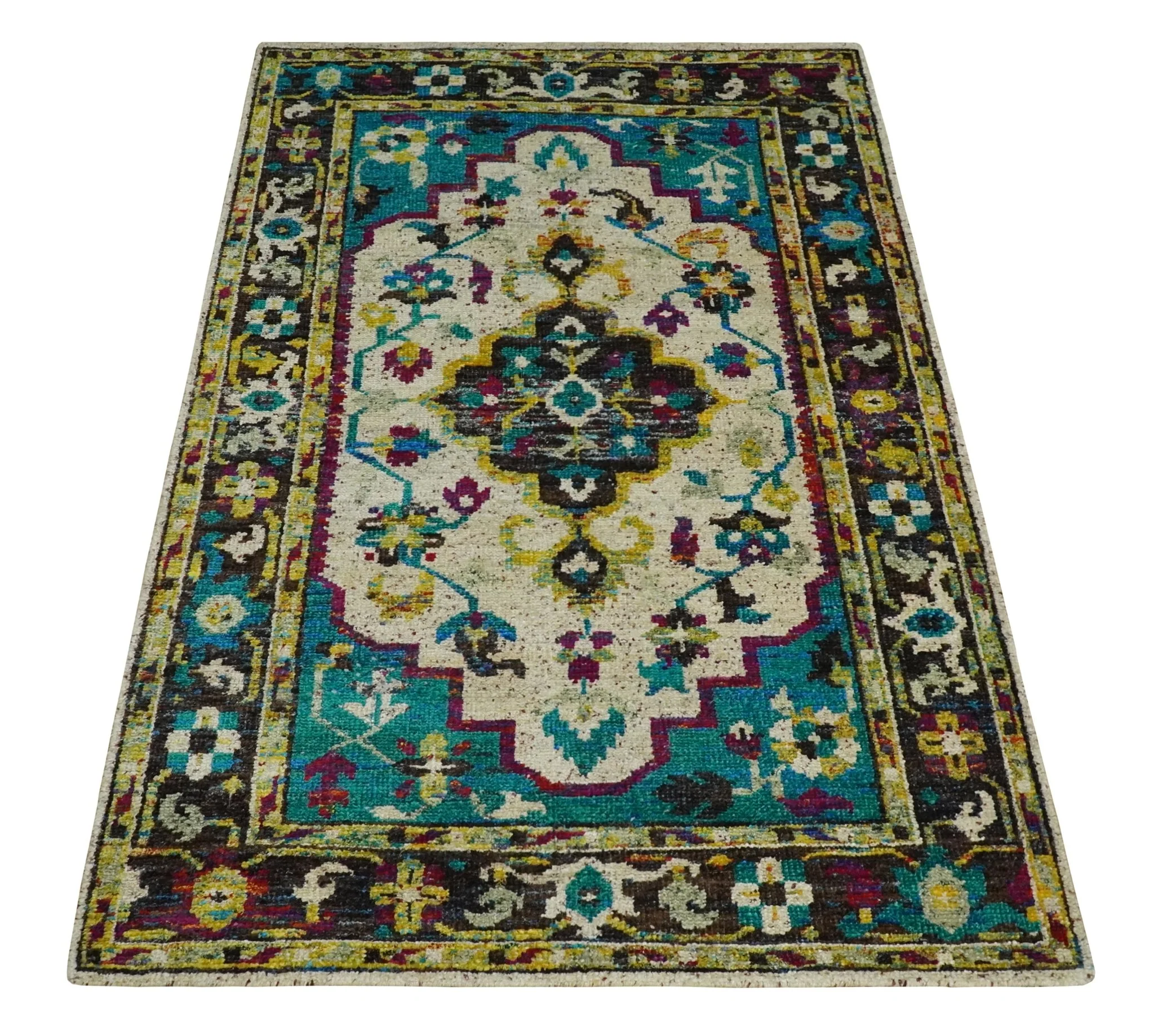 5x8 Hand Knotted Ivory, Teal Blue and Brown Antique Persian Style Contemporary Bamboo Silk Area Rug | OP76 - Image 11