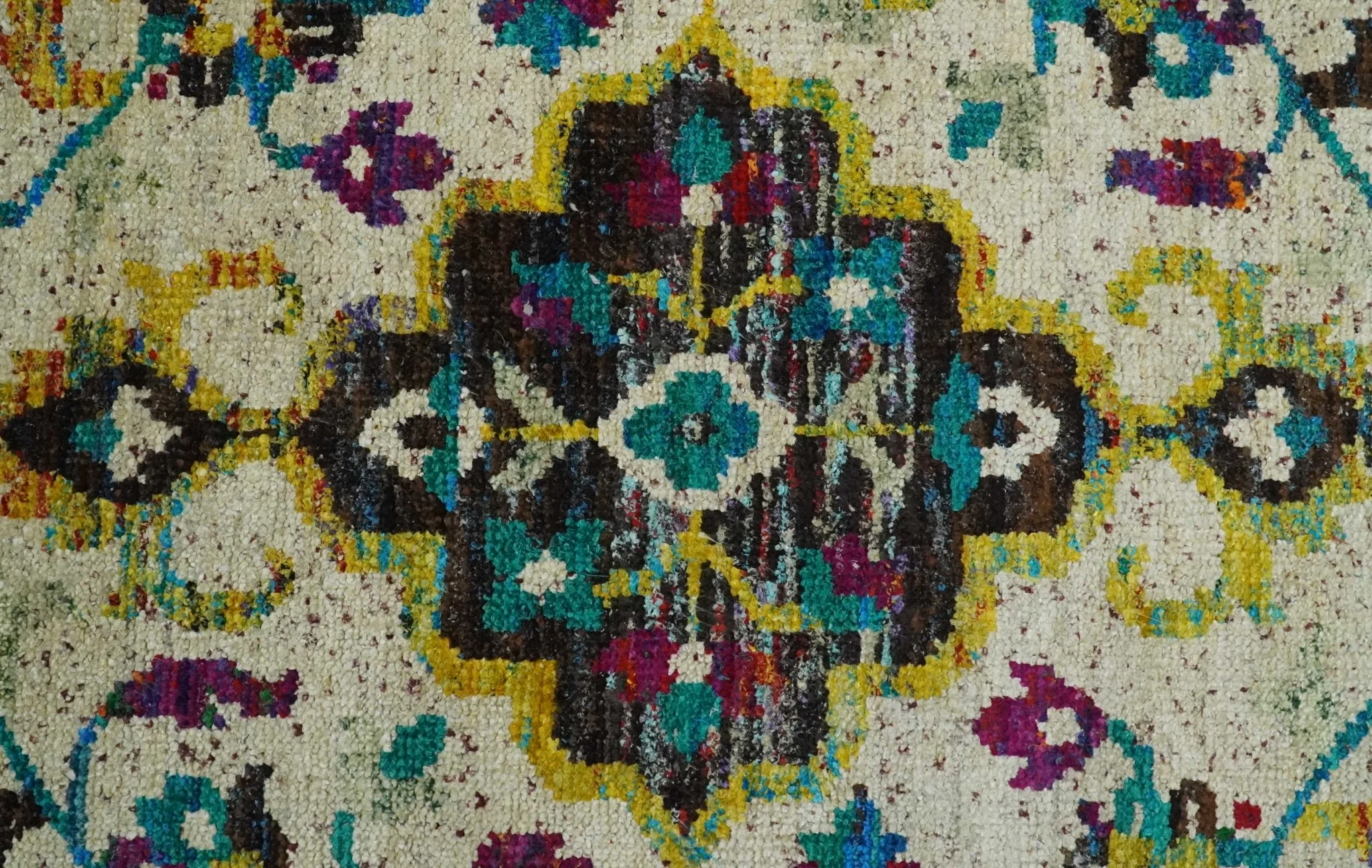 5x8 Hand Knotted Ivory, Teal Blue and Brown Antique Persian Style Contemporary Bamboo Silk Area Rug | OP76 - Image 2