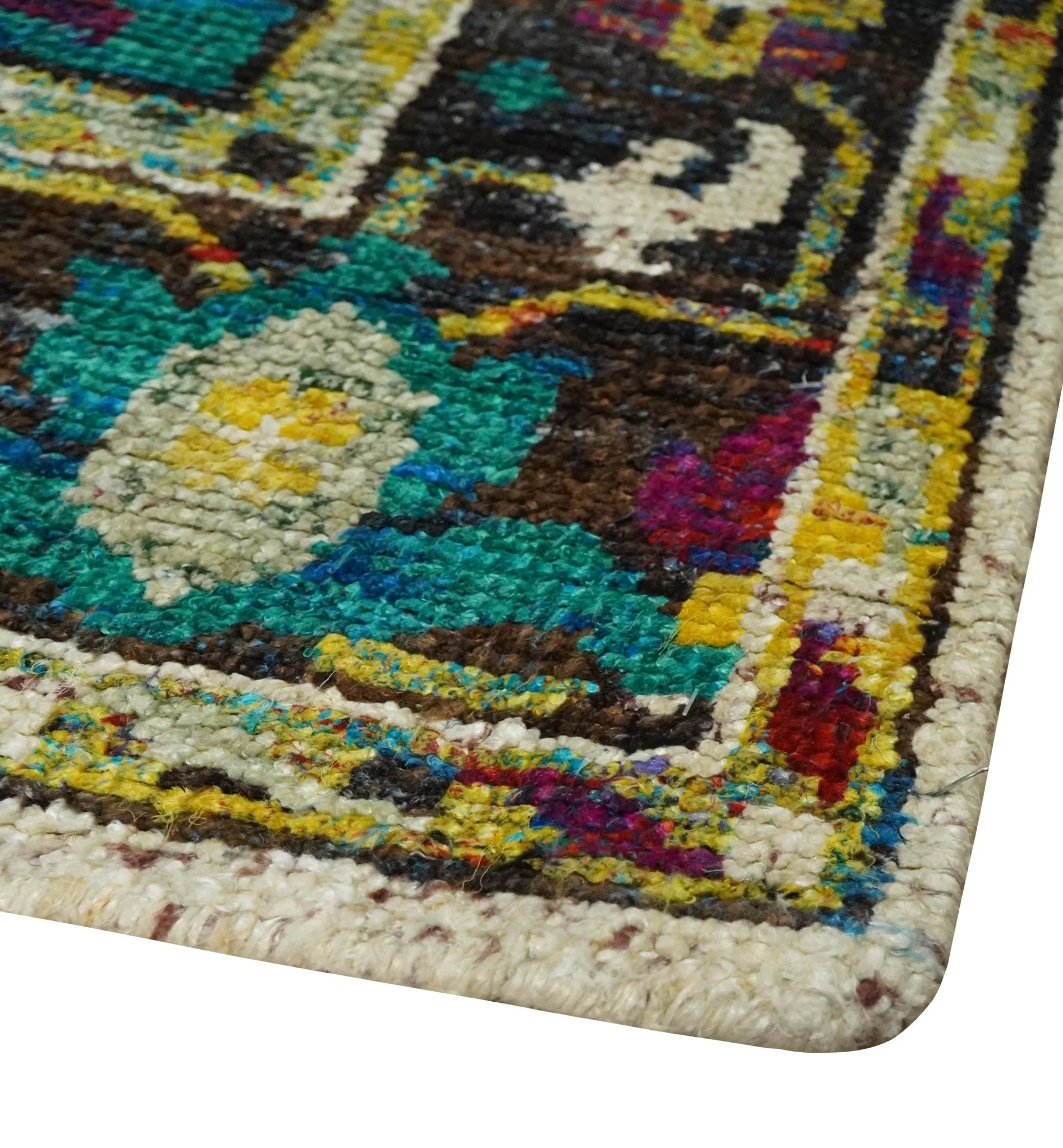 5x8 Hand Knotted Ivory, Teal Blue and Brown Antique Persian Style Contemporary Bamboo Silk Area Rug | OP76 - Image 3