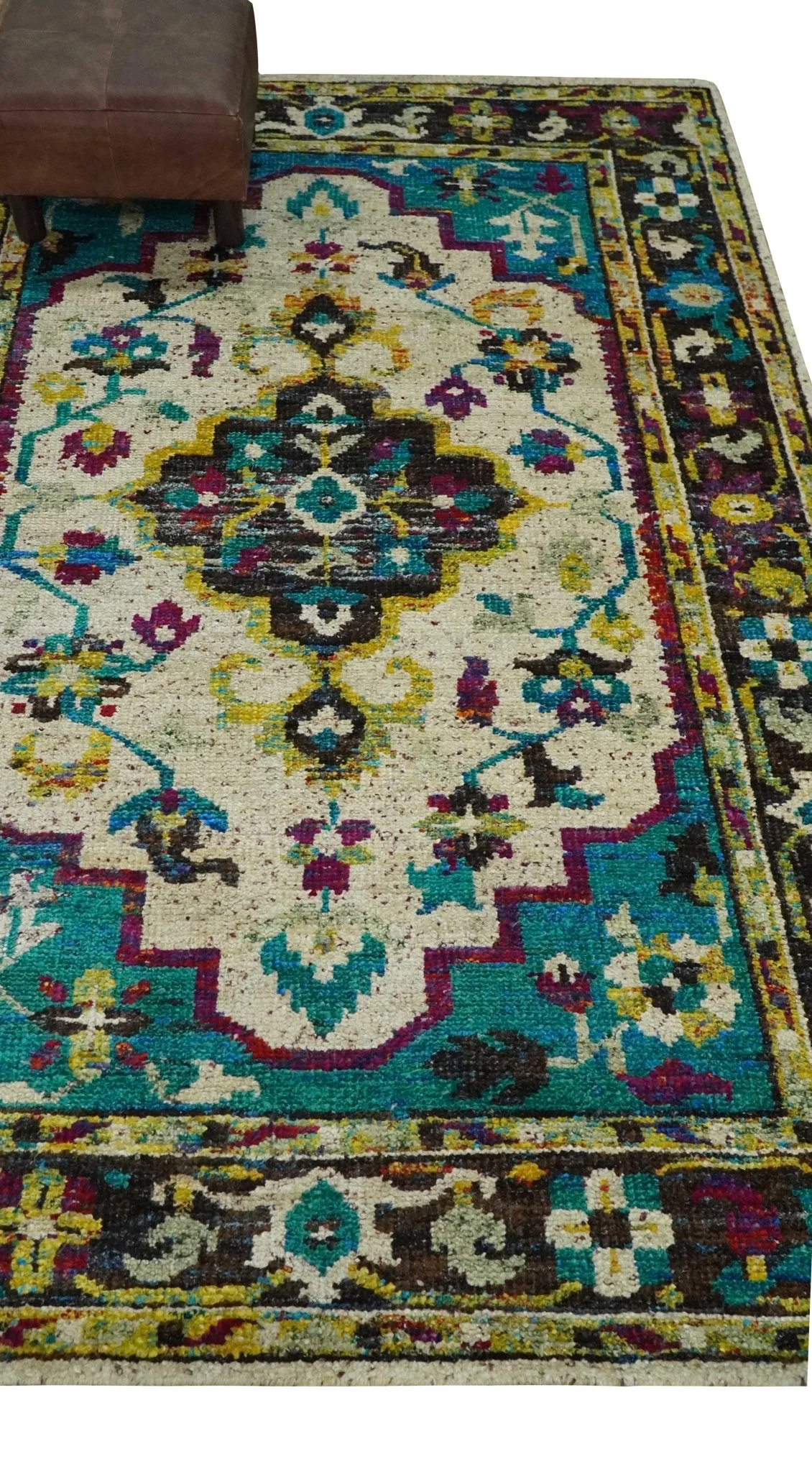 5x8 Hand Knotted Ivory, Teal Blue and Brown Antique Persian Style Contemporary Bamboo Silk Area Rug | OP76 - Image 4