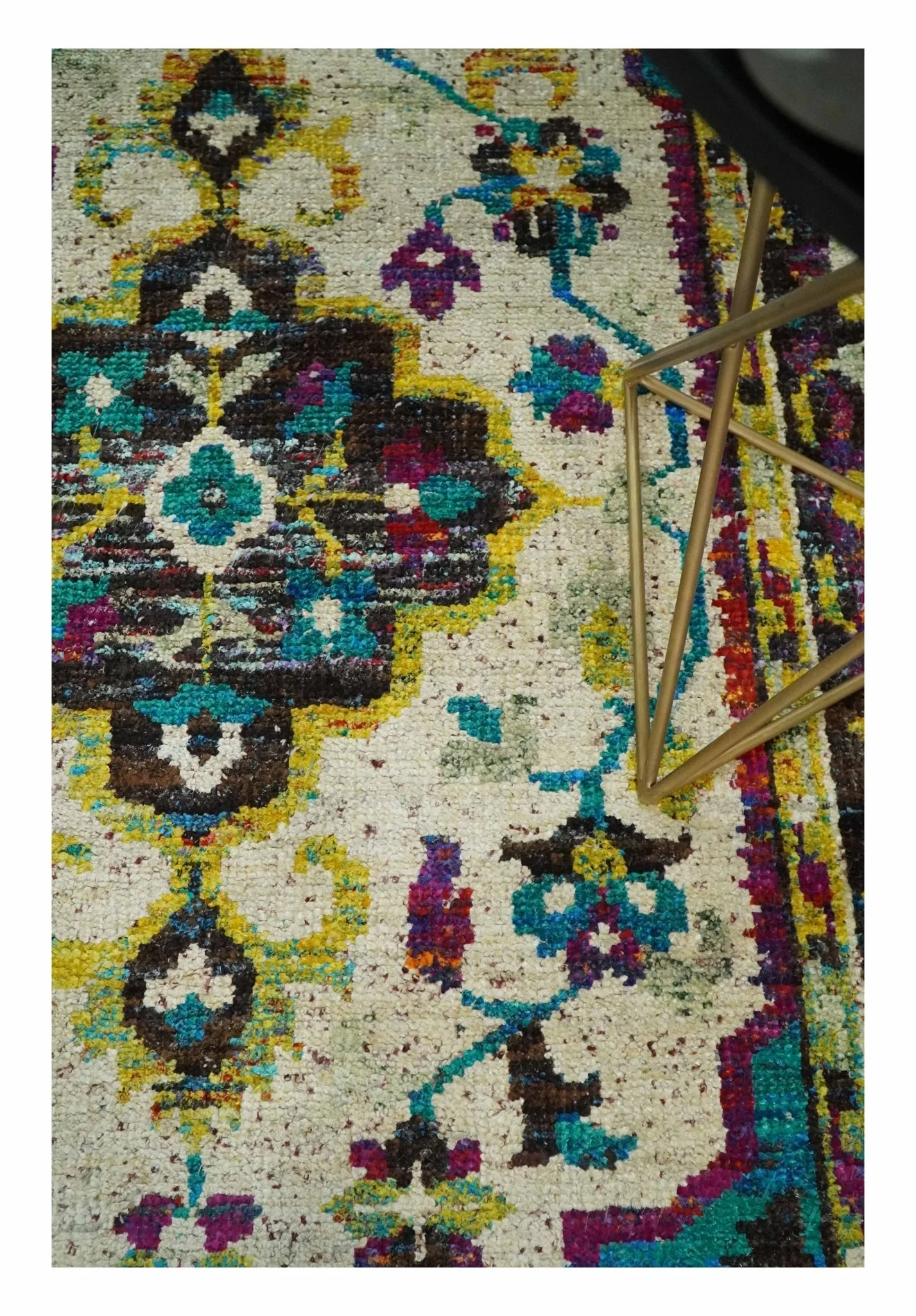 5x8 Hand Knotted Ivory, Teal Blue and Brown Antique Persian Style Contemporary Bamboo Silk Area Rug | OP76 - Image 5