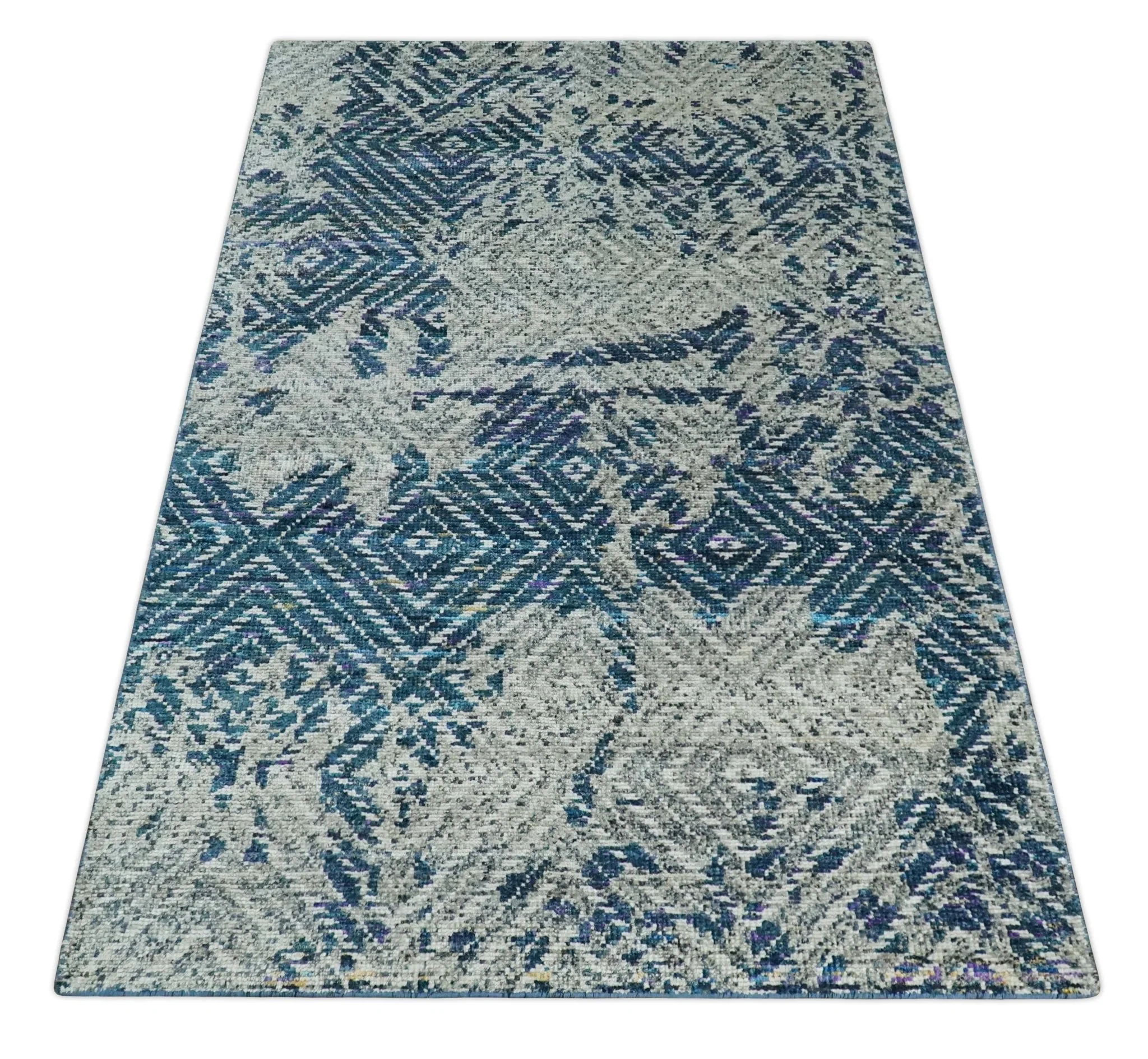 5x8 Hand Knotted Ivory, Blue and Teal Modern Geometric Contemporary Recycled Silk Area Rug | OP102 - Image 10