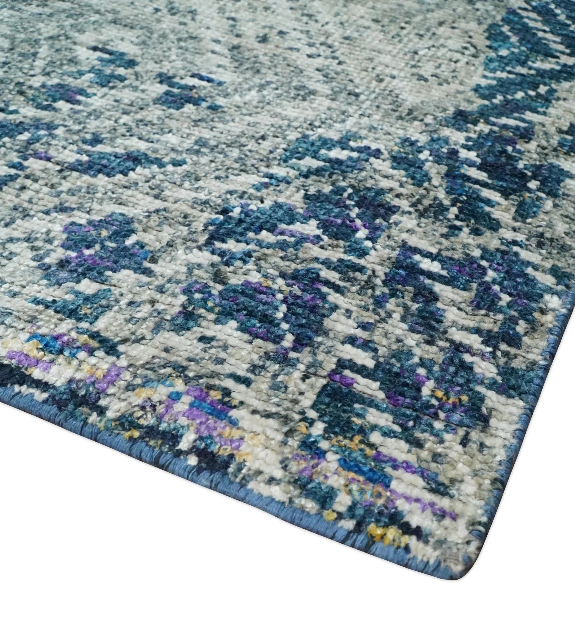 5x8 Hand Knotted Ivory, Blue and Teal Modern Geometric Contemporary Recycled Silk Area Rug | OP102 - Image 3