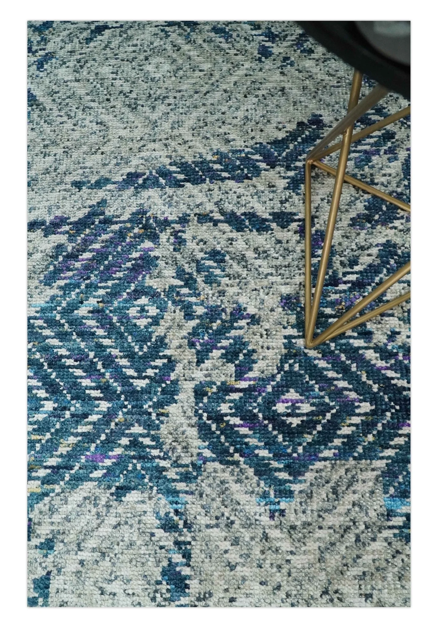 5x8 Hand Knotted Ivory, Blue and Teal Modern Geometric Contemporary Recycled Silk Area Rug | OP102 - Image 4