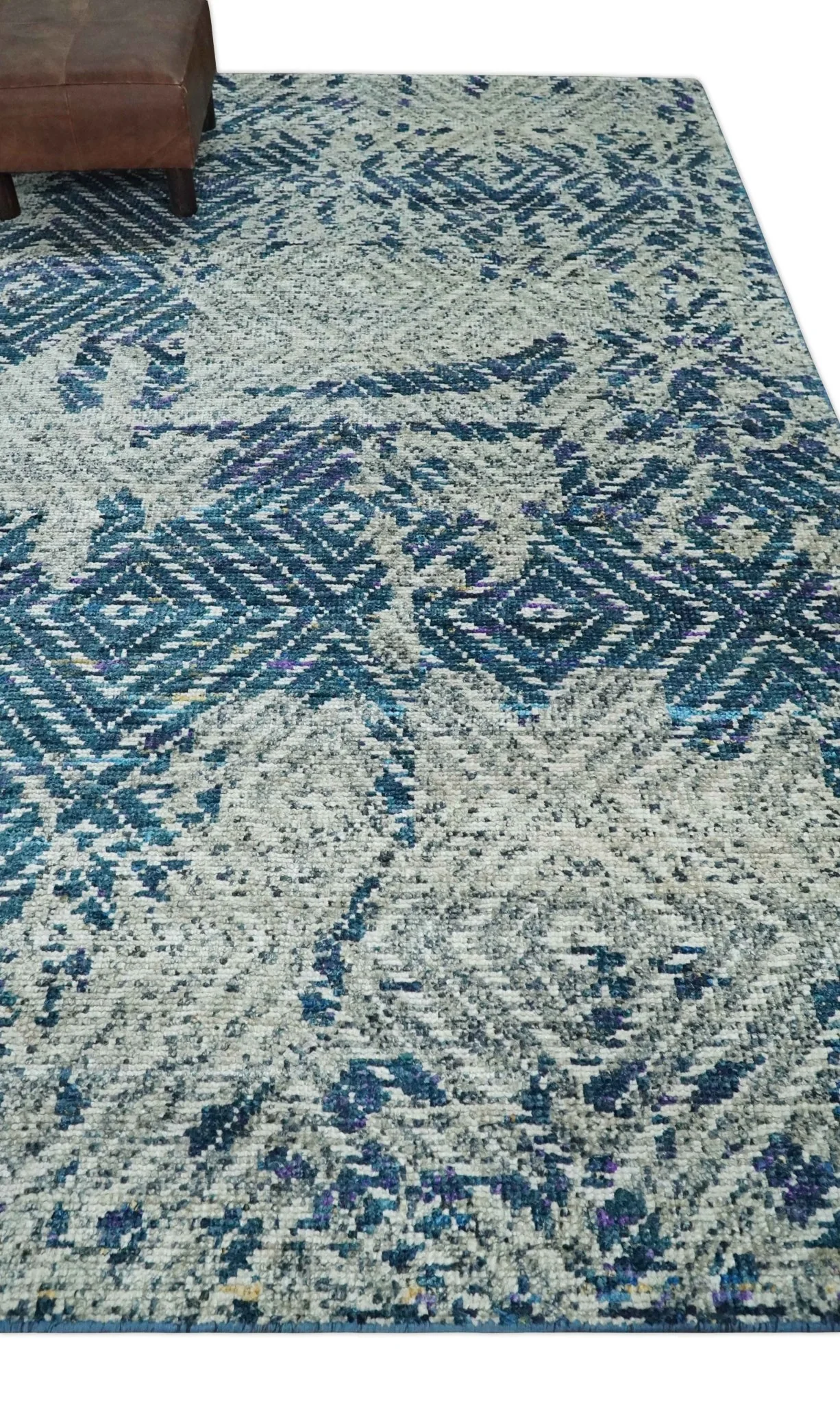 5x8 Hand Knotted Ivory, Blue and Teal Modern Geometric Contemporary Recycled Silk Area Rug | OP102 - Image 5