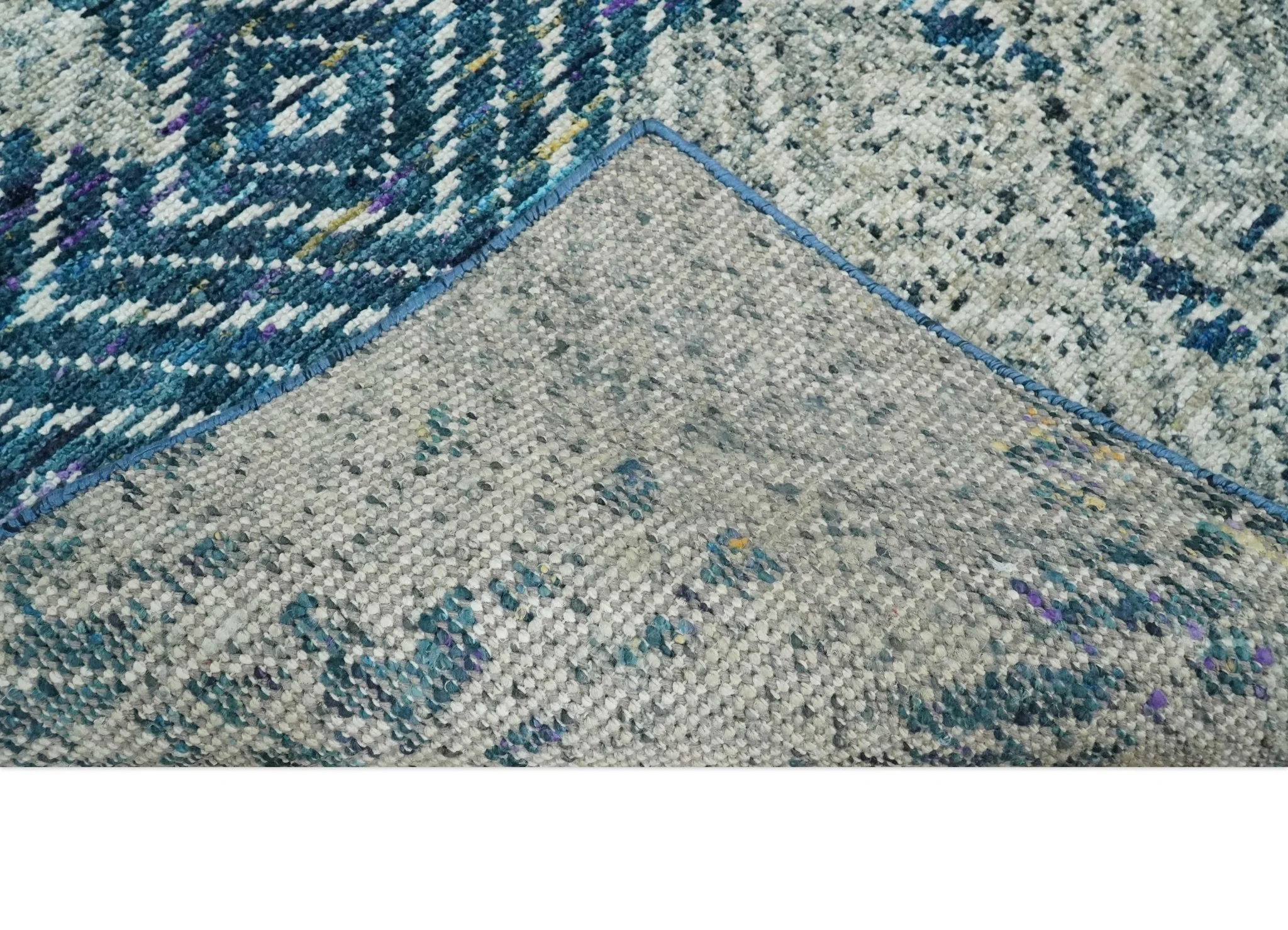 5x8 Hand Knotted Ivory, Blue and Teal Modern Geometric Contemporary Recycled Silk Area Rug | OP102 - Image 6