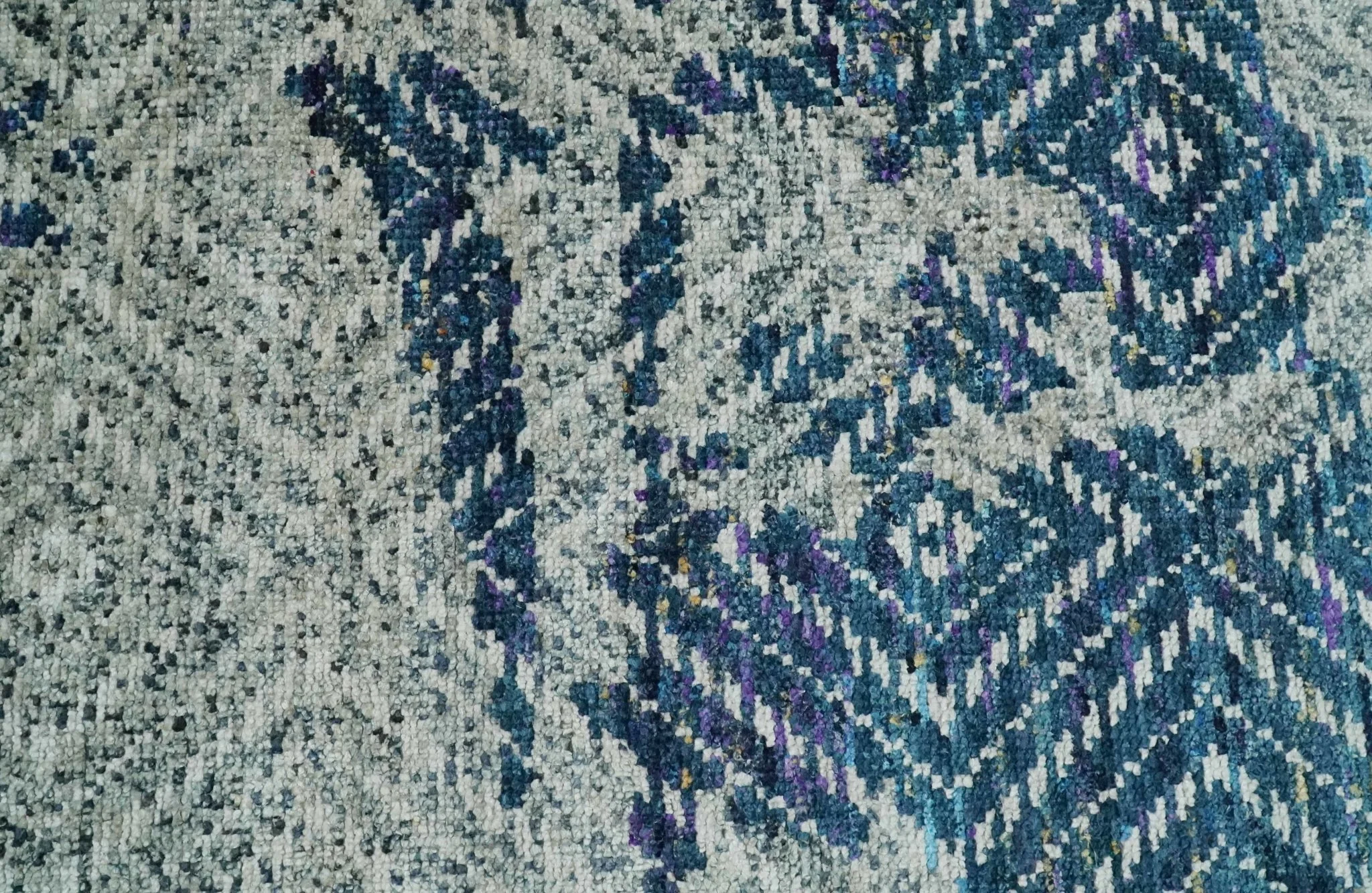 5x8 Hand Knotted Ivory, Blue and Teal Modern Geometric Contemporary Recycled Silk Area Rug | OP102 - Image 8