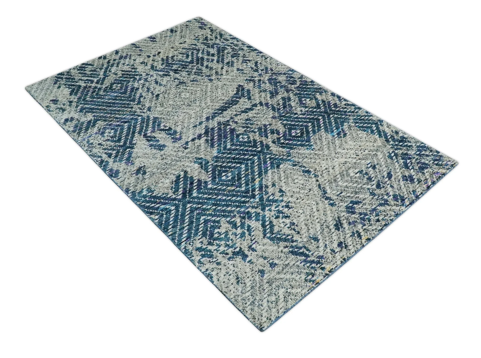 5x8 Hand Knotted Ivory, Blue and Teal Modern Geometric Contemporary Recycled Silk Area Rug | OP102 - Image 9
